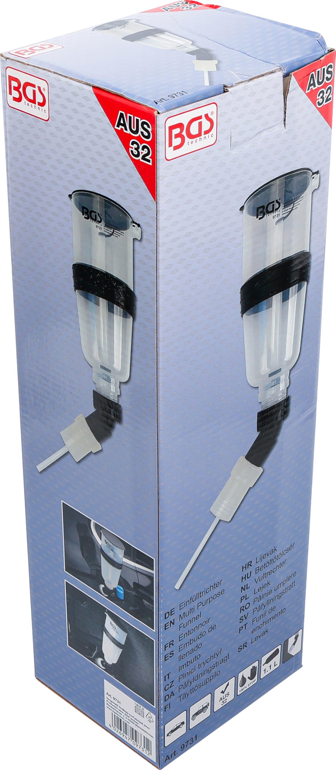 BGS 9731 | Embudo de llenado | para urea (AUS 32) | acodado | Capacidad 1,1 l | plástico | apto para conexión de depósito | válvula de cierre | indicador de nivel de llenado | sin goteo