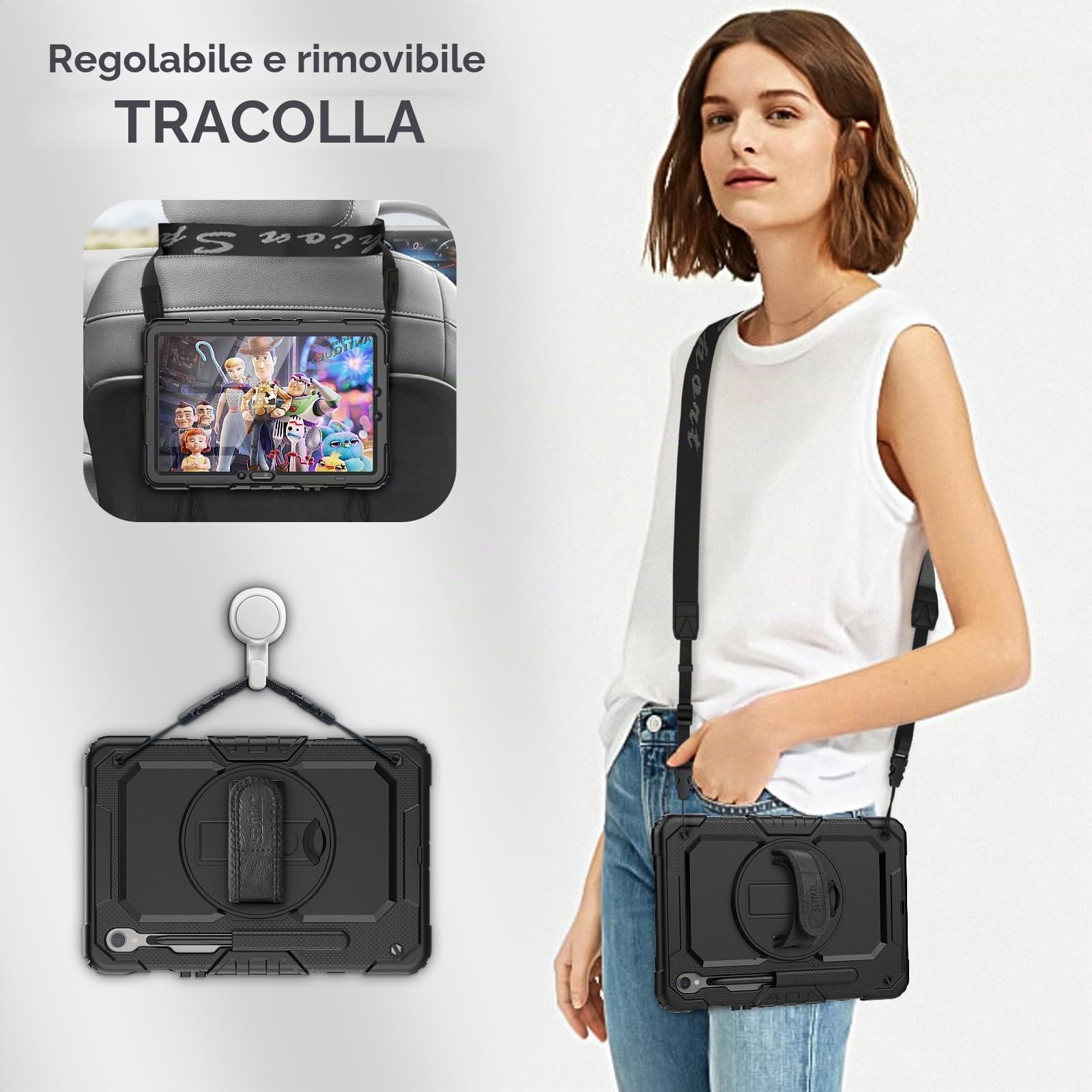 SEYMAC Custodia per Samsung Galaxy Tab S10 Lite / S10 FE 10.9" / S9 FE 10.9"/ S9 11 Pollici, Custodia Antiurto con Pellicola Protettiva, Supporto Girevole a 360°, Tracolla, con Portapenne, Nero