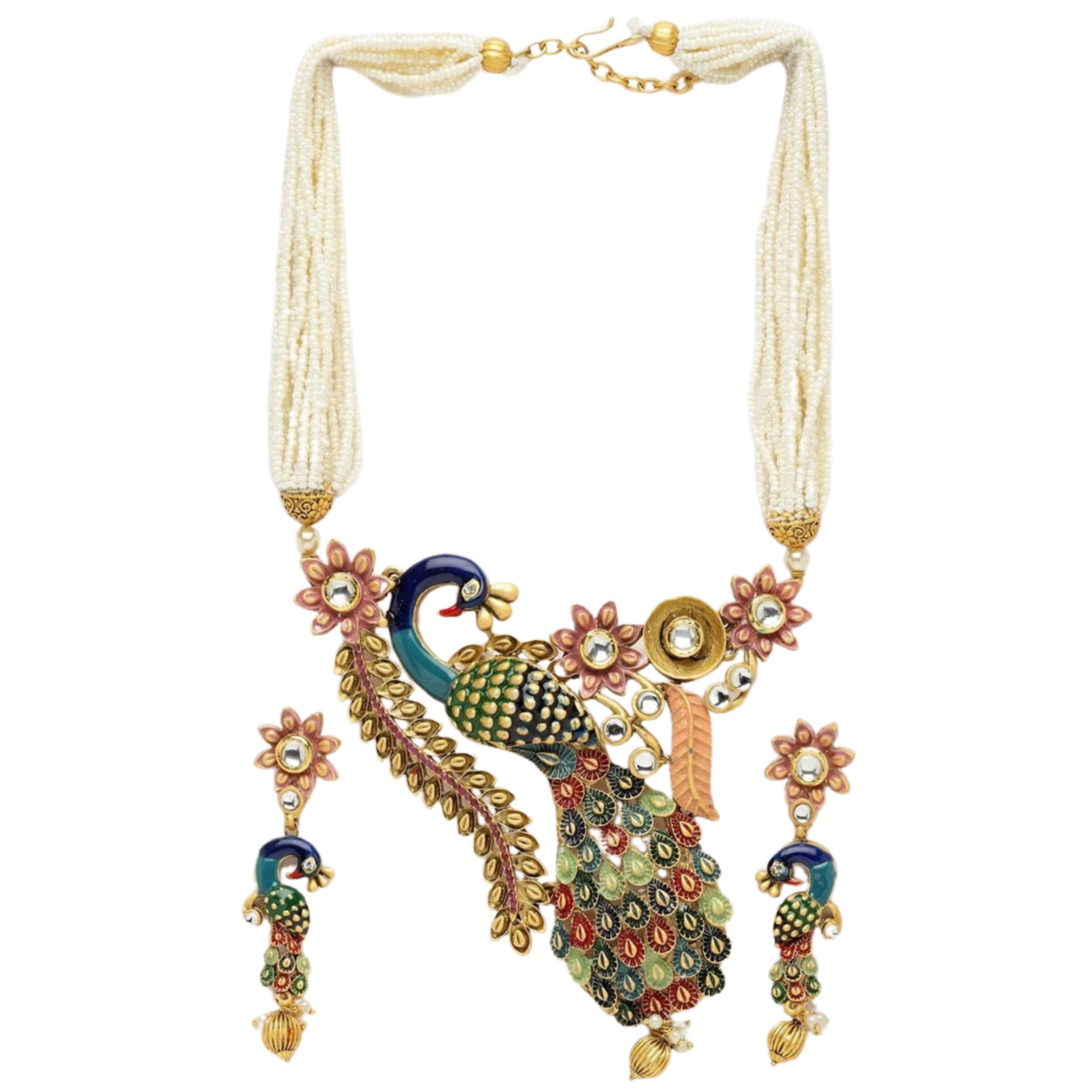 Mansiyaorange Womens Kundan Necklace Jewelry Matte Gold Multi Color South Indian Peacock Chain Pendant With Earrings (B0D45NWM6C) Amazon Price History, Amazon Price Tracker