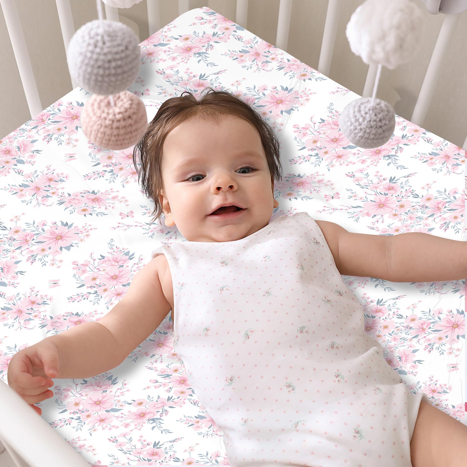 Cot Bed Sheets 140 x 70cm Fitted Baby Cot Sheets Set of 4,Breathable Soft Microfiber Fitted Baby Bed Sheets (Floral) - Image 2