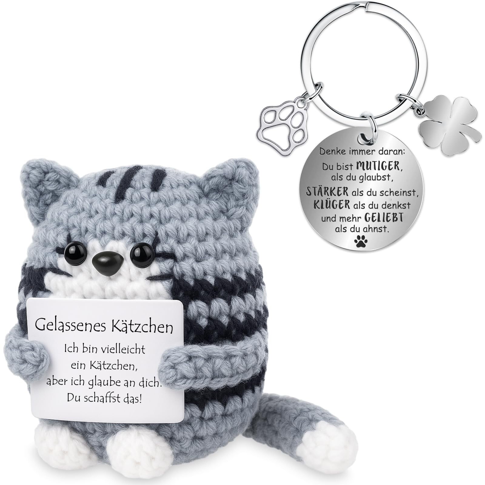 Farbeele Gelassenes Kätzchen und Glücksbringer-Schlüsselanhänger, Pocket Hug Positive Figur, MutmacherGeschenk, Gute Besserung Geschenk, Glücksbringer Prüfung, Geburtstagsgeschenk