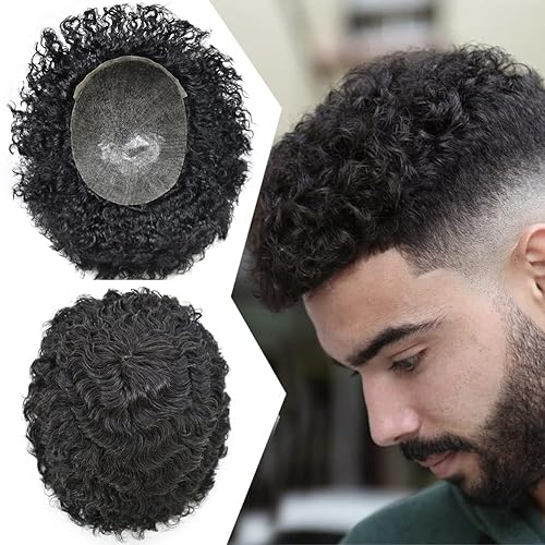 Peluca afro rizada para hombre tipo tupé de polietileno afroamericano, todo inyectado, piel sintética, afro, rizado, ondulado, afro, tupé para