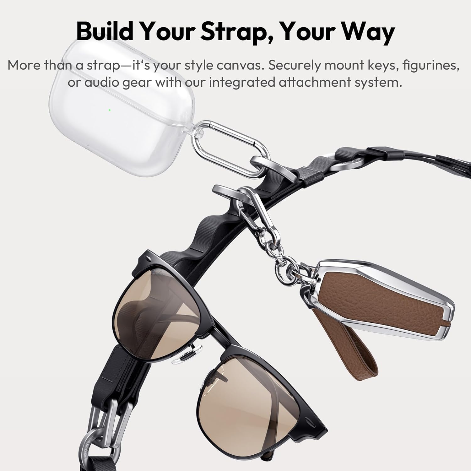 Close-up of ULANZI YF01 strap with keys, sunglasses, and an earbud case attached to its integrated attachment system.