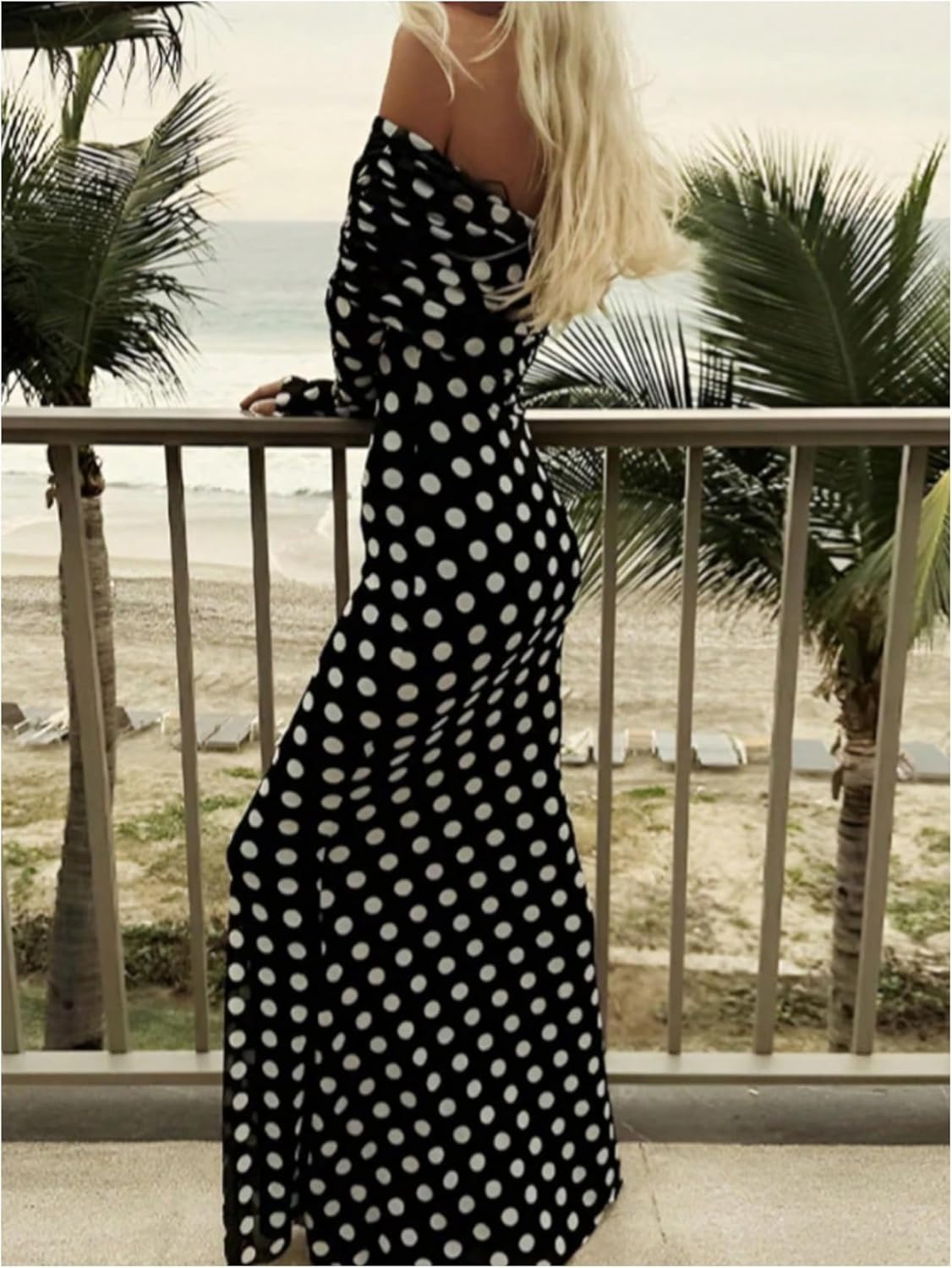 Floerns Women's Polka Dots Maxi Dress Off The Shoulder Long Sleeve Bodycon Going Out Party Long Dresses - Image 2