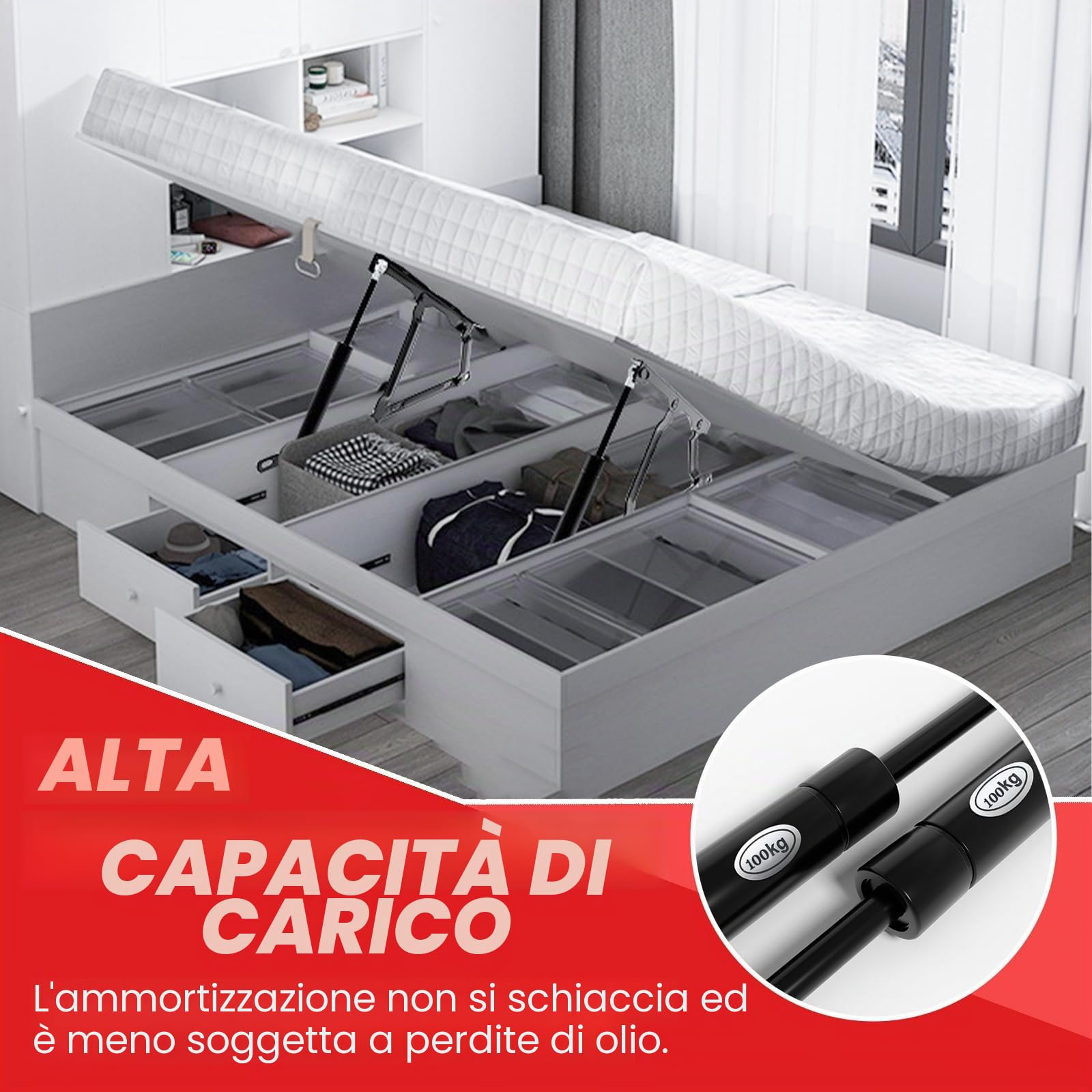 1 paio di meccanismi di sollevamento pneumatici per letto da 53 cm, meccanismo di sollevamento per letti contenitore, cerniera idraulica nera per sollevamento letto, capacità di carico 100 kg, per