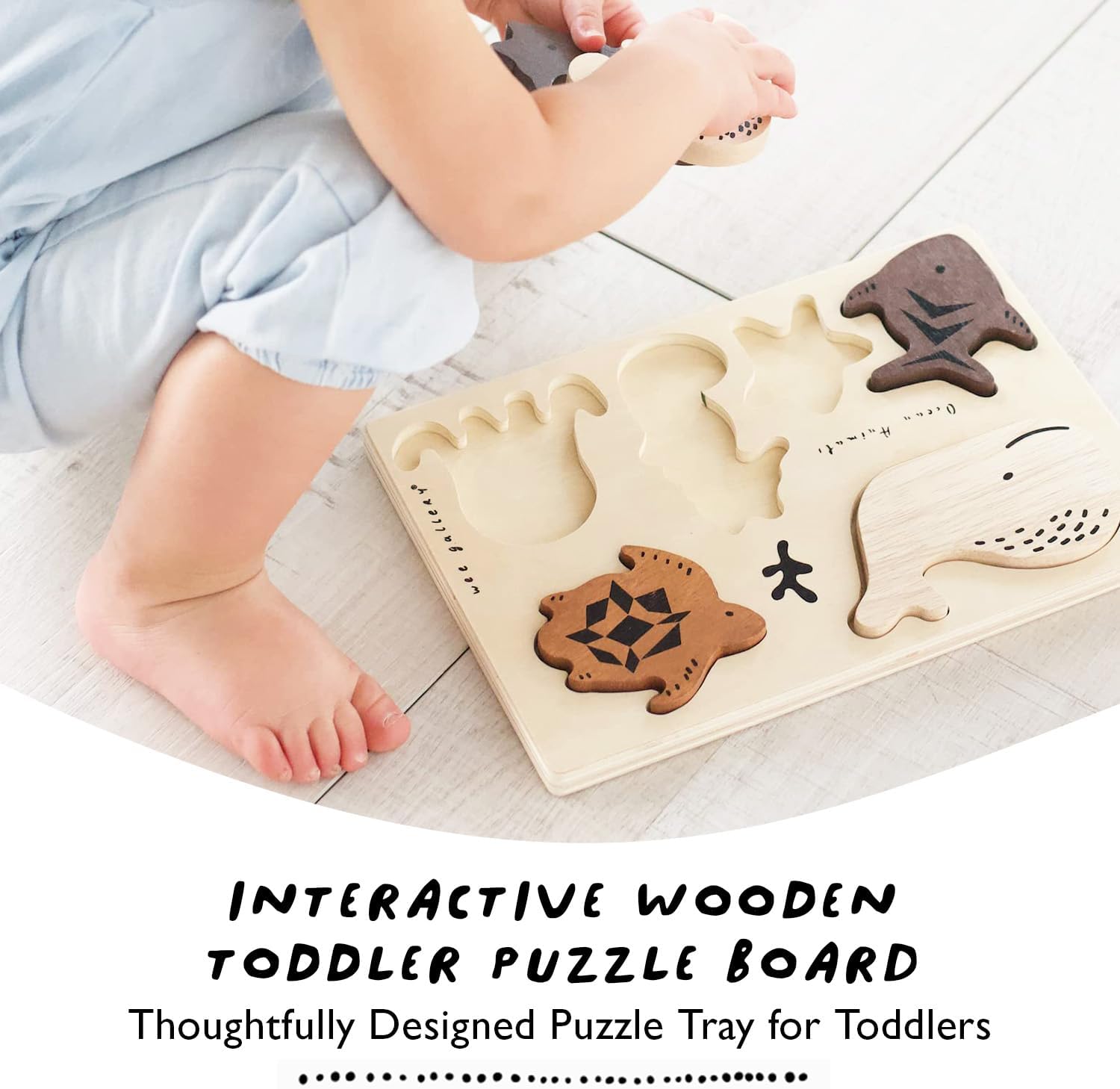 Wee Gallery Wooden Tray Puzzle Ocean Animals, Montessori Toy for Toddlers and Preschoolers for Early Learning and Fine Motor Skill Development, Sustainable Educational Puzzle for Kids