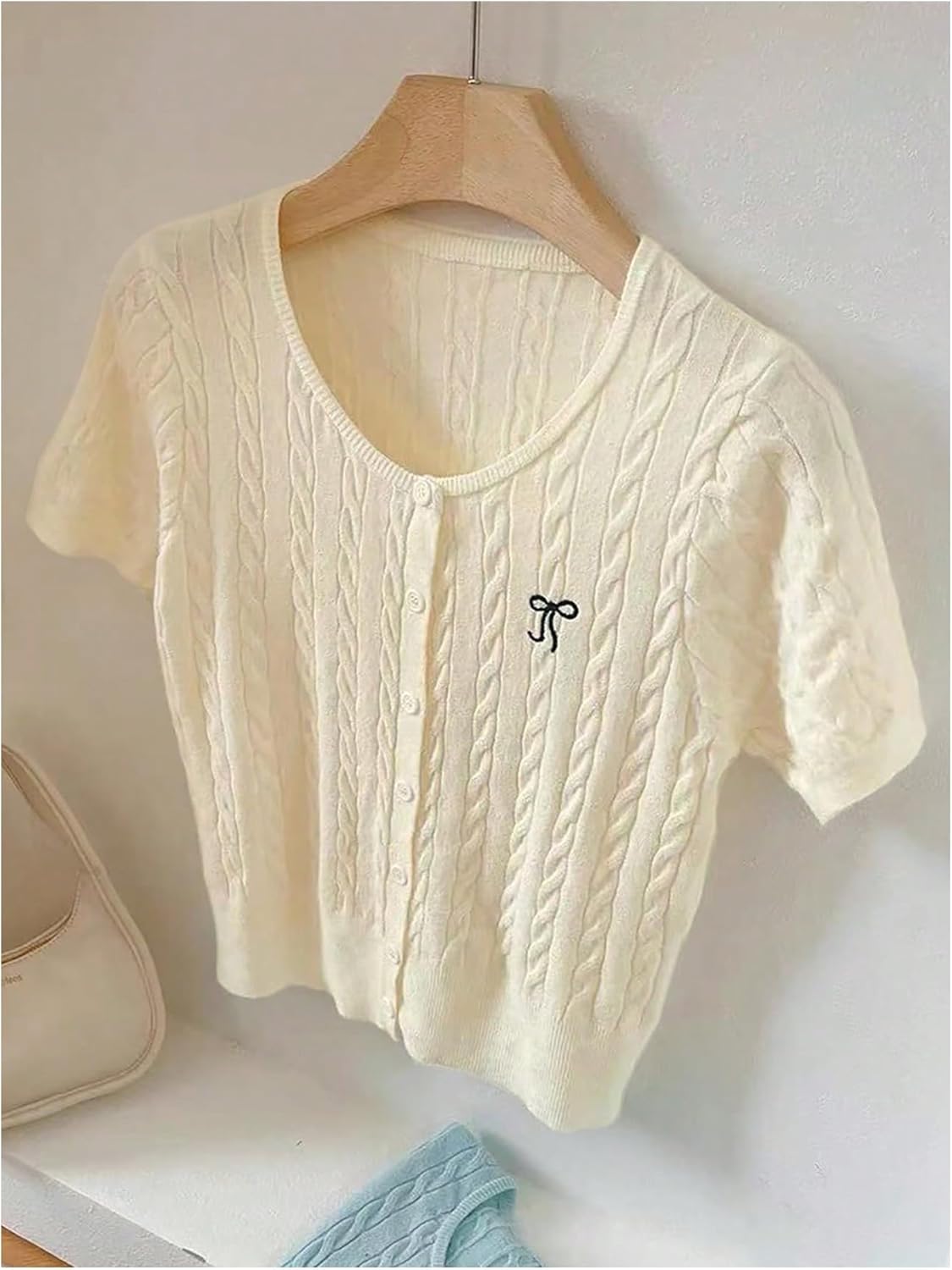Women's Bowknot Embroidery Button Down Cardigan Short Sleeve Cable Knit Sweaters Fitted Tops - Image 5