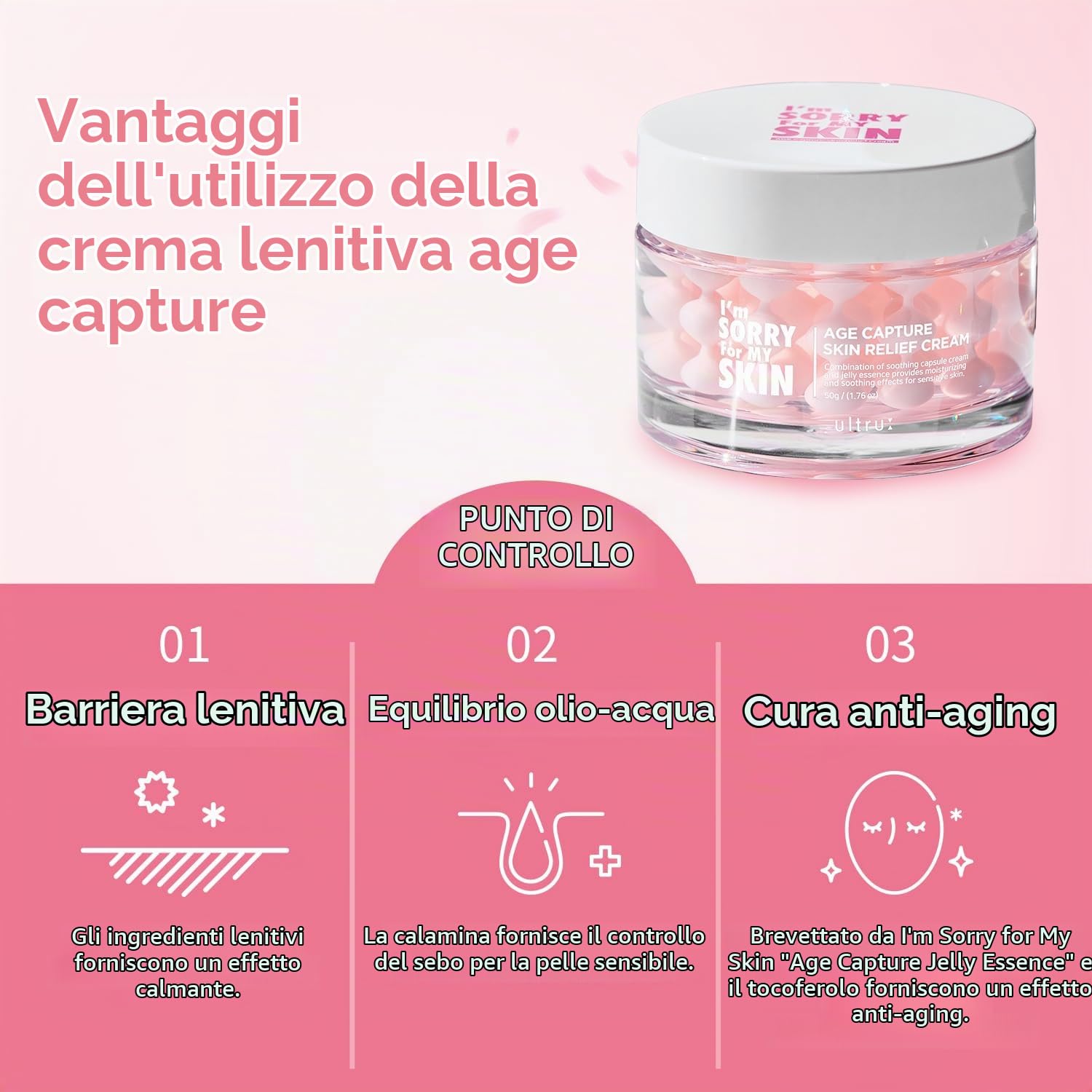 I'M SORRY FOR MY SKIN Age Capture, crema per il viso coreana per la cura della pelle, idratante per viso e collo, con acido ialuronico, anti-invecchiamento, crema gel antirughe, per donne (rosa, crema