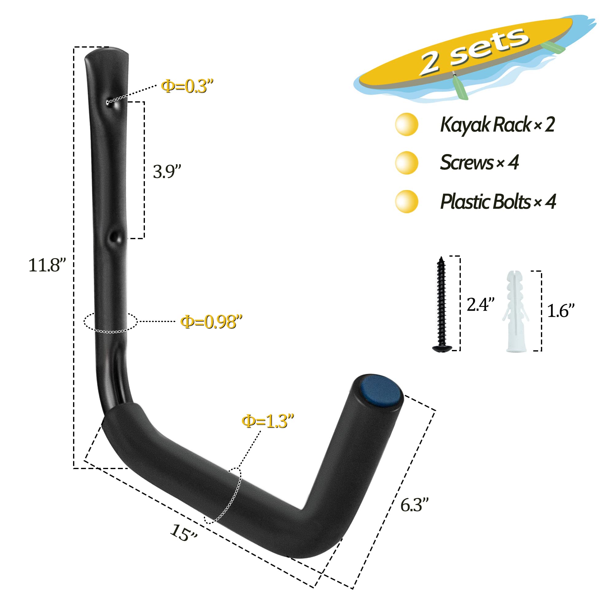 WMK Kayak Storage Racks, 2 Pack Wall Mount Kayak Hooks, Garage Storage Canoe Hangers for Hanging Canoe Surfboard Snowboard Paddle Board Ladders Bikes