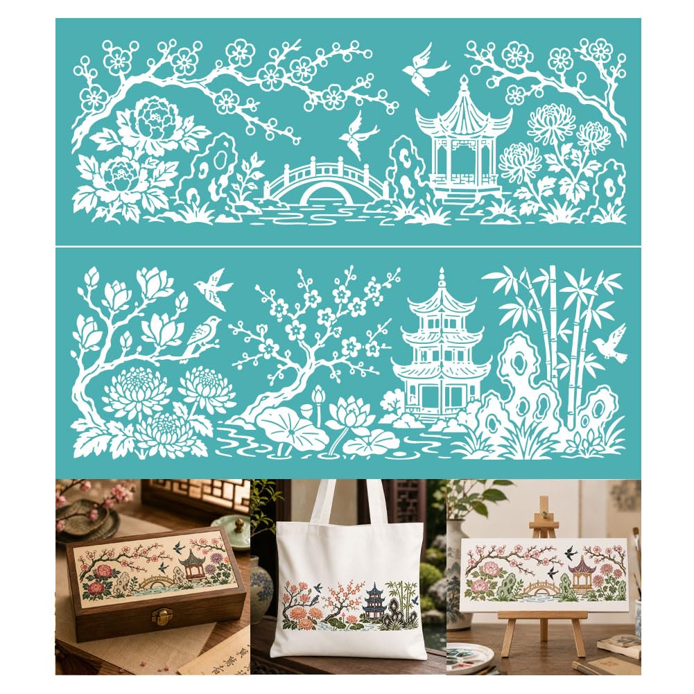 GOMAKERER 2 Sheets Chinese Landscape Courtyard Silk Screen Stencil, Oriental Pavilion Floral Self-Adhesive Silk Screen Printing for Wall Border Wood Fabric Home Craft Decor