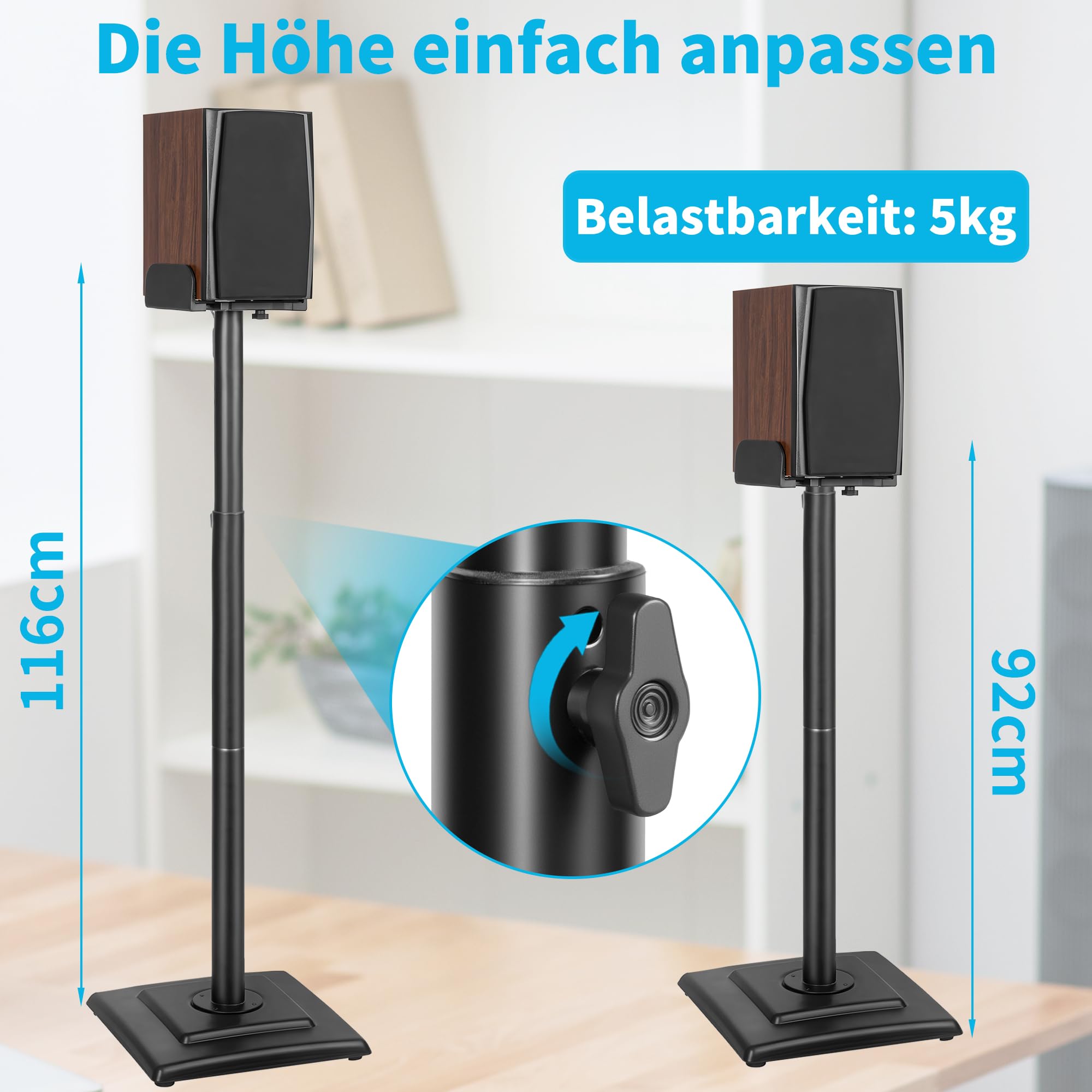 Lautsprecherständer Höhenverstellbar von 92~116 cm,1 Paar,Bodenständer | Verstellbarer Ablage für Universelle Satelliten und Regallautsprecher, für Regallautsprecher bis zu 5 kg mit Kabelführung