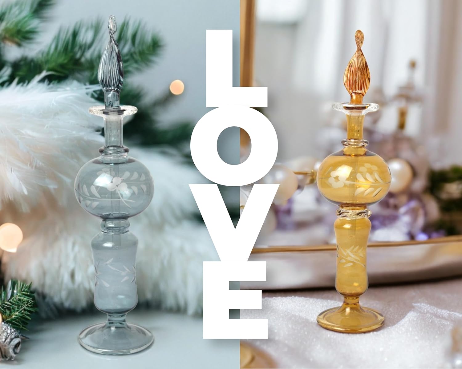 Ornamenta Set of 2 Handmade Blown Glass Perfume Bottles | Decorative Refillable Fragrance Bottles | Essential Oil Small Decanters | Gray & Amber Vintage Design