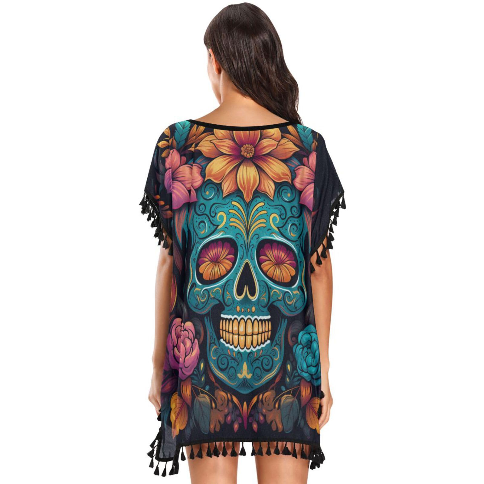 Art Cyan Skulls Rose Flower Women's Beach Cover Up Chiffon Tassel Swimwear Swimsuit Coverups for Girl