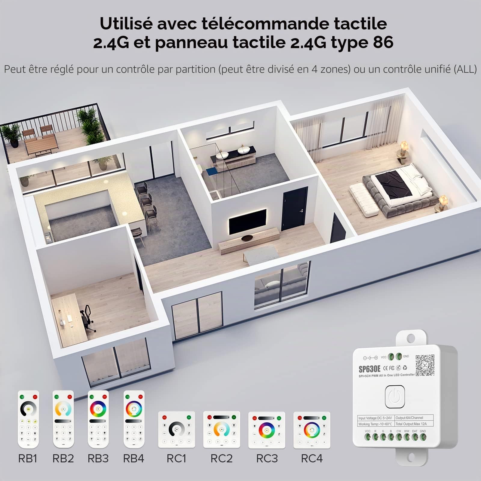 SEZO SP630E Contrôleur LED Bluetooth 12 en 1 2.4G DC5V-24V Compatible avec Ruban LED 5 CH PWM monochrome RGB RGBW ou SPI TTL IC WS2812B SK6812 WS2811 FCOB CCT LED Strip Control Modèle Musical
