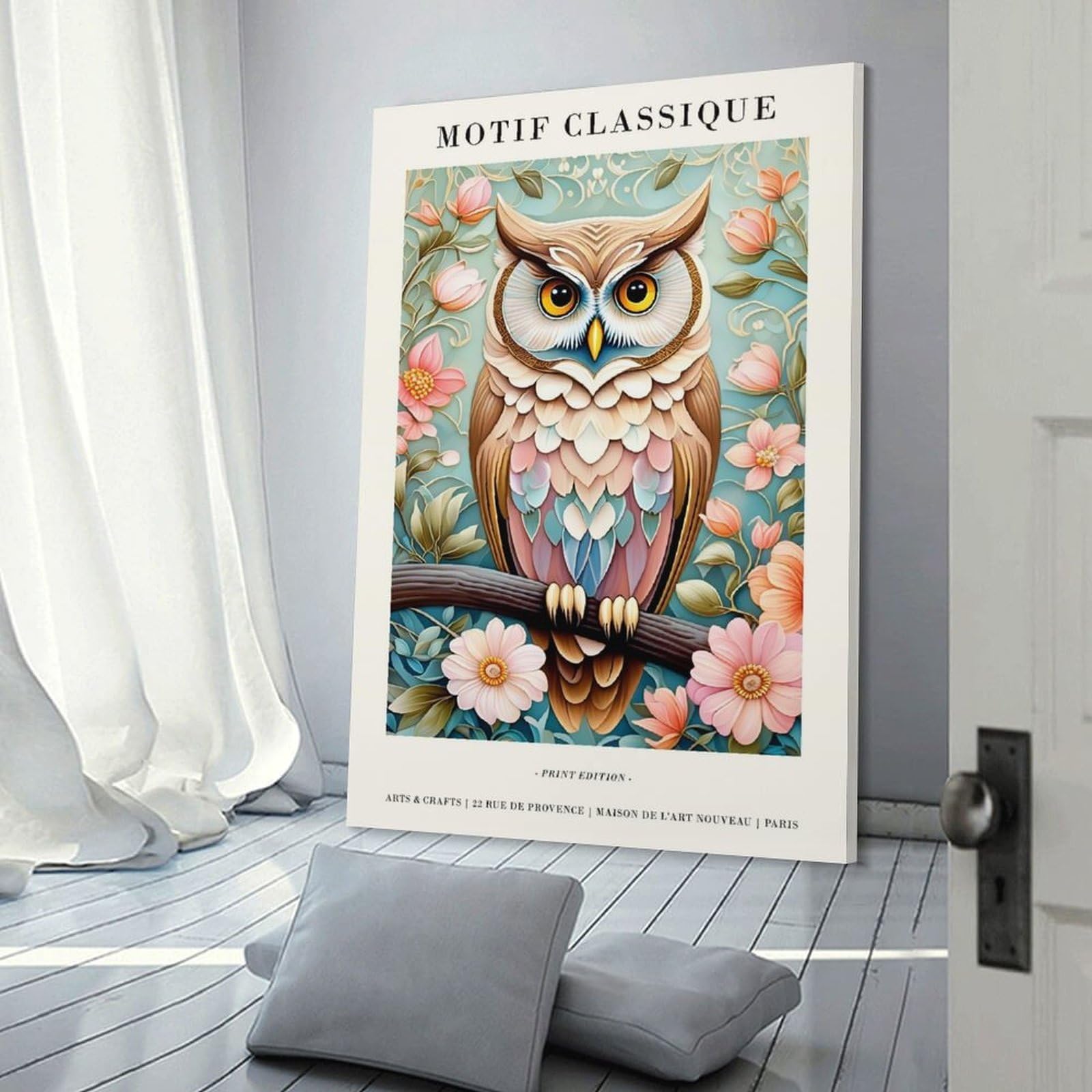 Junmoney Frame-Style-19-1 Elegant Romantic Owl Art Canvas Wall Picture, 12X18inch(30X45cm), For Study, Office Or Focused Interiors, Home Office Artwork With Decorative Appeal