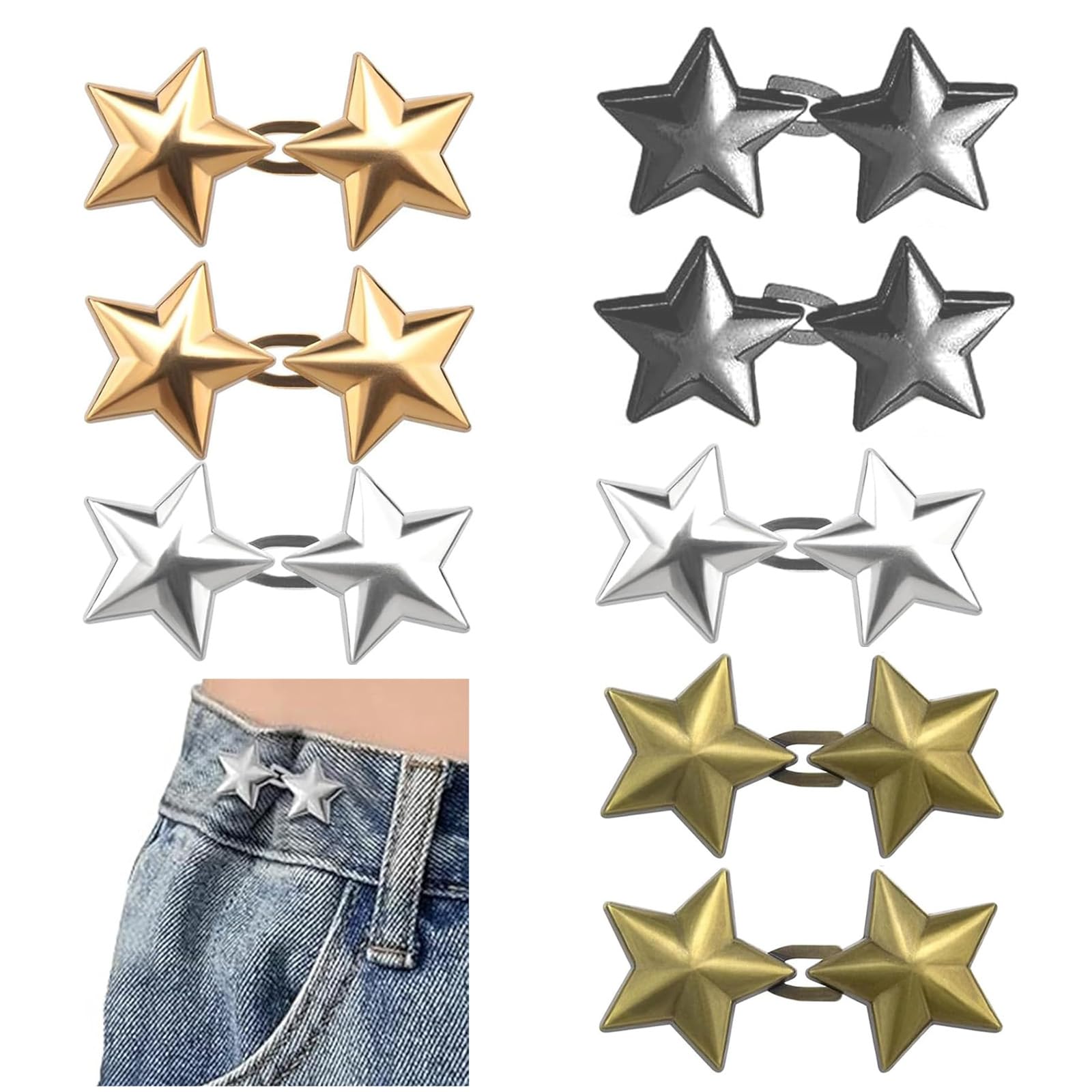 Xiansini Unisex Gold, Silver, Bright Black And Bronze 8 Pairs Waist Tightener Clips Stars Button, No Sewing Clips Waist Cinch Clip Jeans Tightener Reducer For Loose Trouser, Skirts, Hats, Star Jean Adjuster To Tighten Waist Or Stop Gaping (8)
