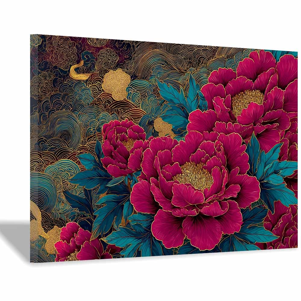 Hoqiu Multicolor Botanical Prints Red Peony Withs Gold Artwork, Wall Decoration Living Room Bedroom Hallway Stairs Decoration.(Multicolor)-20X30cm Framed