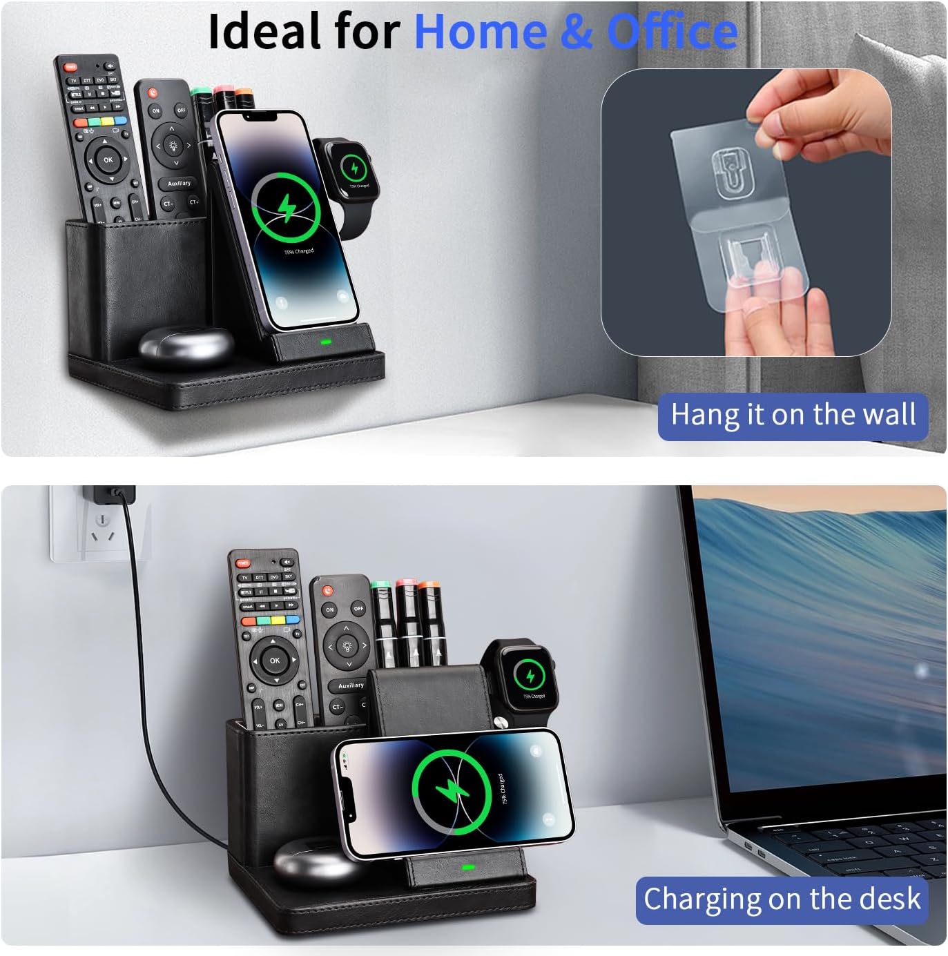 4 in 1 Wireless Charging Station with Desk Organizer, Leather Nightstand Office Organizer with Wireless Charger Stand for Multiple Devices iPhone 15 14 13 12 11 Pro Max and Samsung AirPods & iWatch