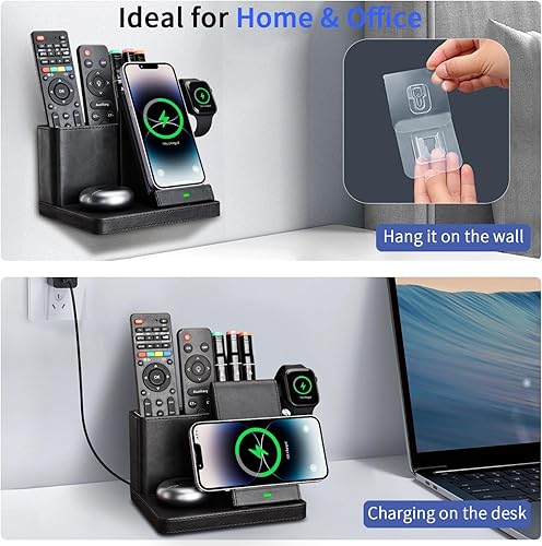 Miniatura 6 de Estación de carga inalámbrica 4 en 1 con organizador de escritorio, organizador de oficina de cuero con soporte de cargador inalámbrico para