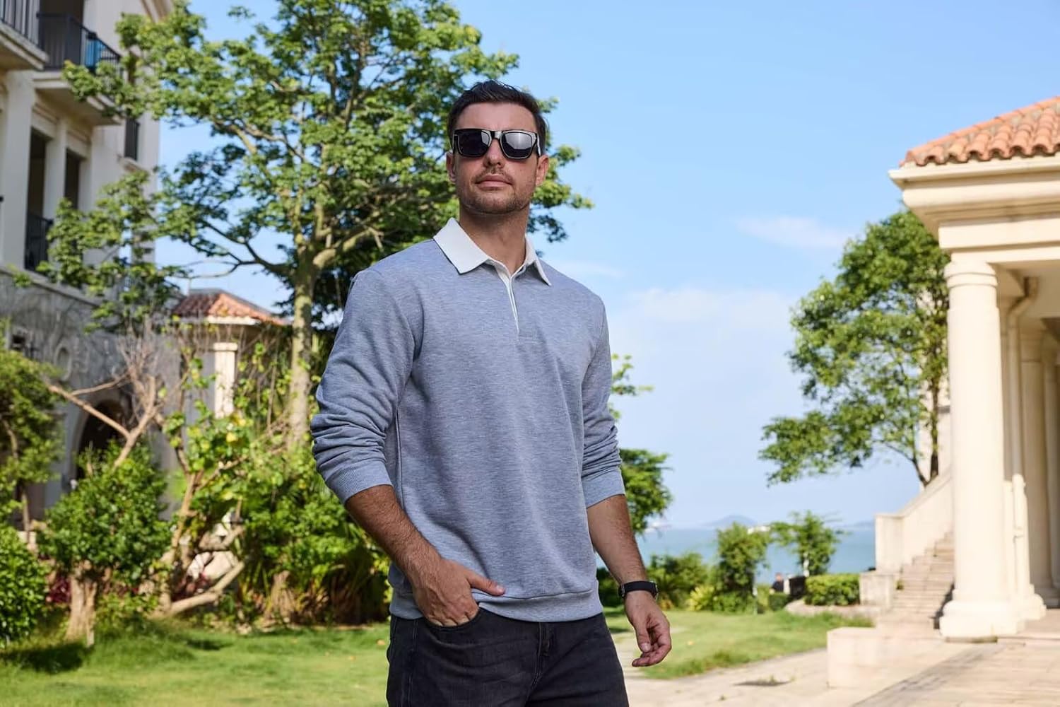 Mens Long Sleeve Polo Shirt Button Down Classic Pullover Sweatshirts for Men Polos with Contrast Collar - Image 2