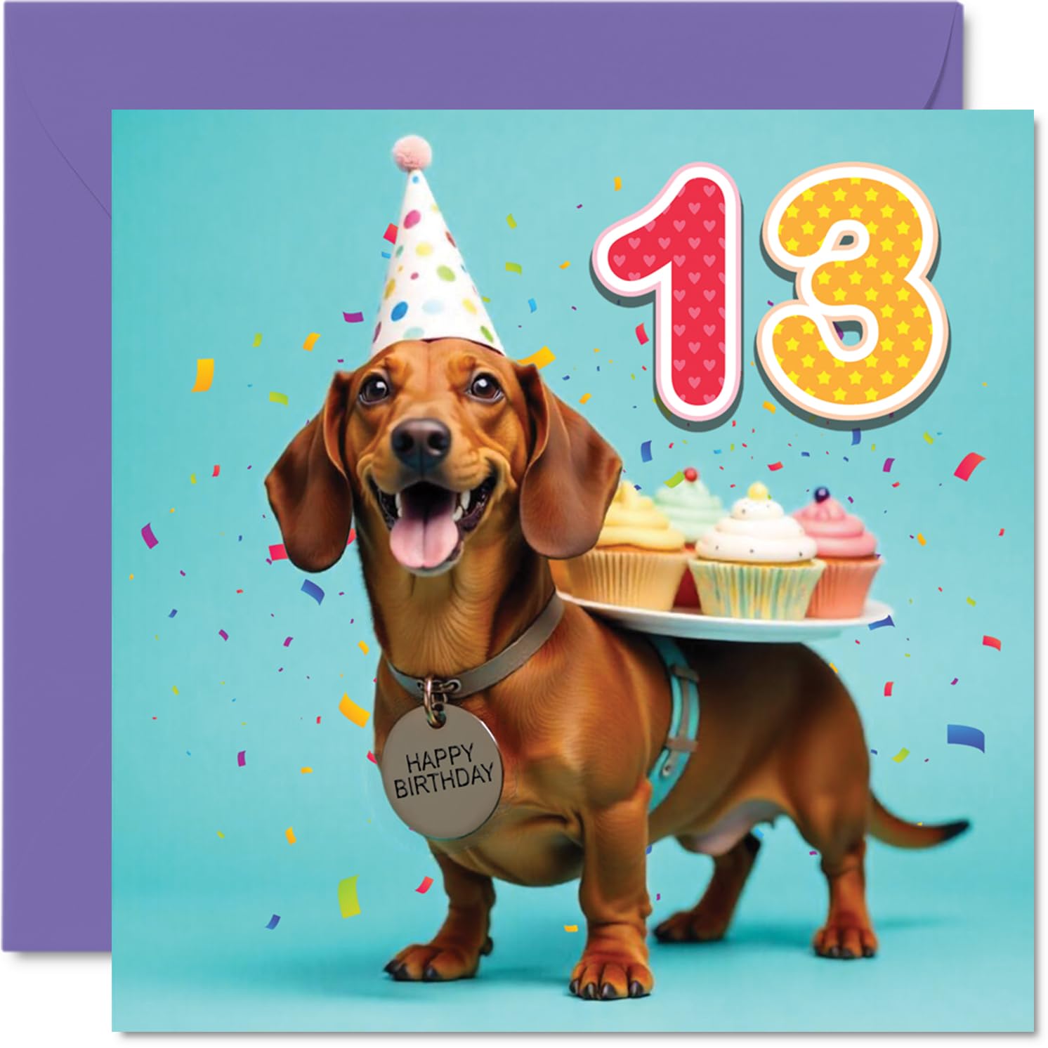 13th Birthday Cards for Boys Girls - Party Dog - Happy Birthday Card for 13 Year Old Boy Girl Nephew Cousin Niece Sister, 145mm Bday Greeting Cards