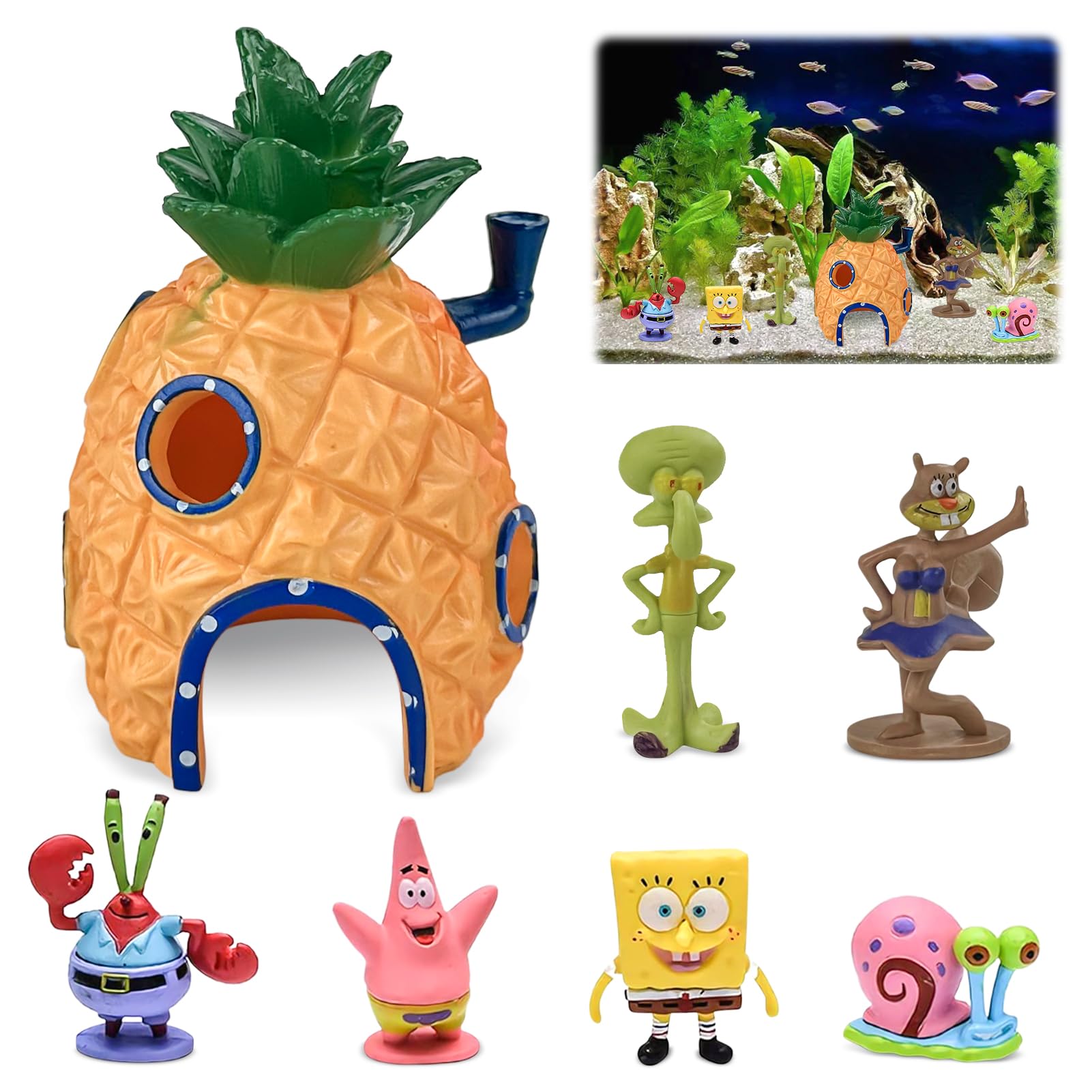 BGTLJKD 7 Piezas Decoracion Acuario, Decoracion para Acuarios Decoración de Acuario de Piña, Fish Tank Ornamento Decorazioni per Acuario, Ornamento in Resina per Acuario para Acuarios
