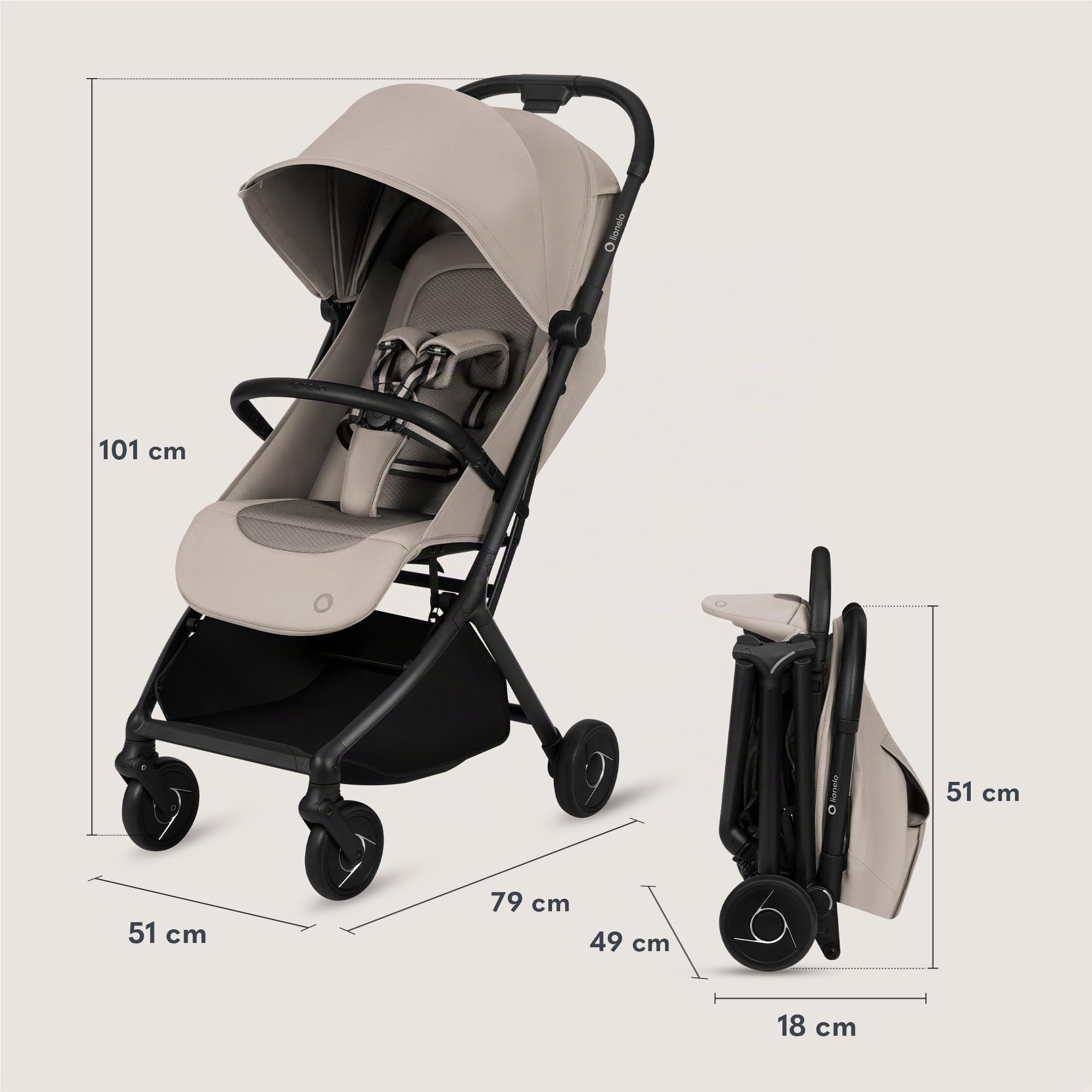 Lionelo Sia Silla de Paseo Ligera y Ultracompacta para Viaje, hasta 22 kg, Ultraligera 5,9 kg, Respaldo Reclinable Tumbado, Capota XXL Impermeable UPF50+ Impermeablee, Mosquitera, Hebilla magnética | Respaldo reclinable, capota XXL UPF50+, ruedas amortigu
