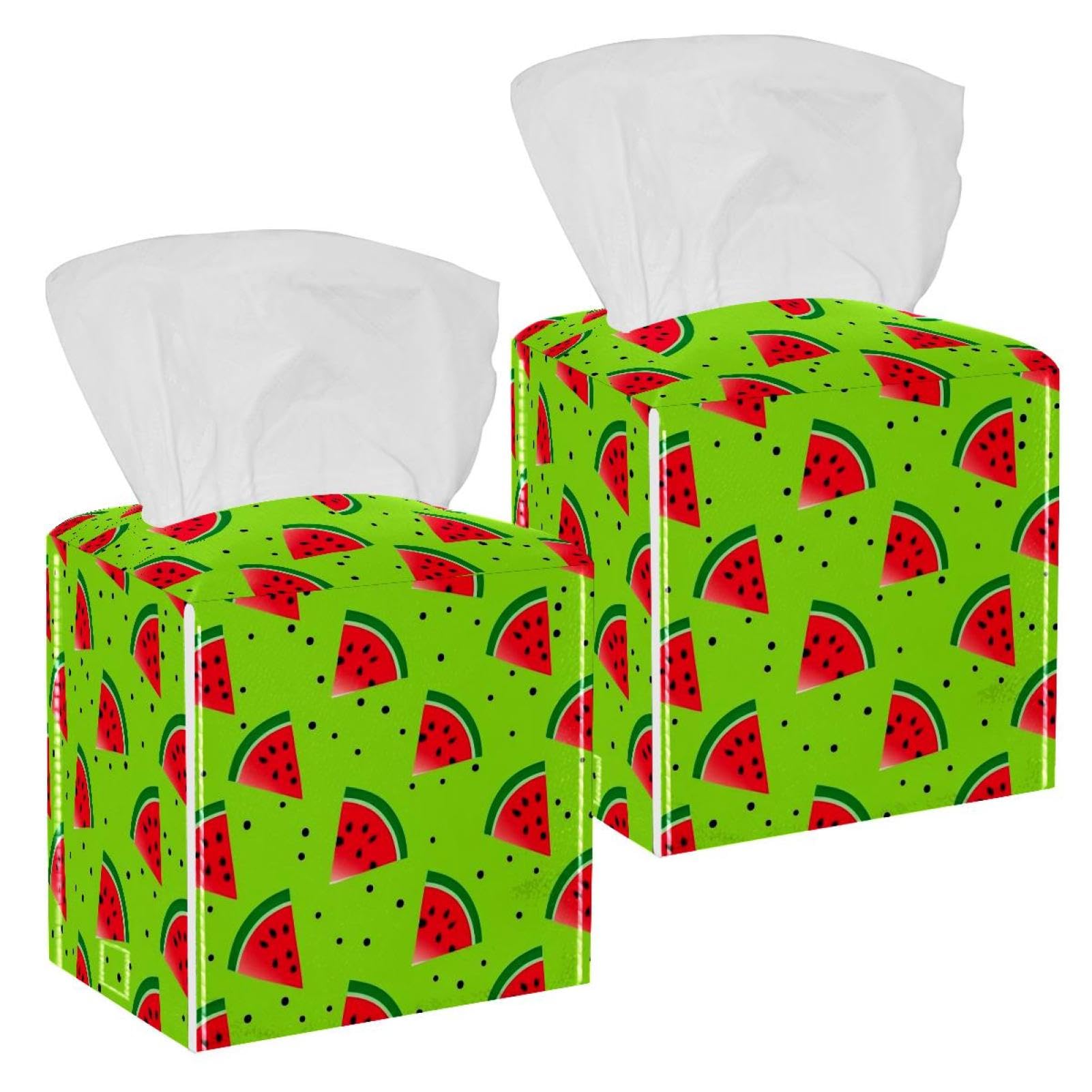 Watermelon Tissue Box Cover, 2 Pack PU Leather Square Facial Tissue Dispenser Box holder for Home Office Car