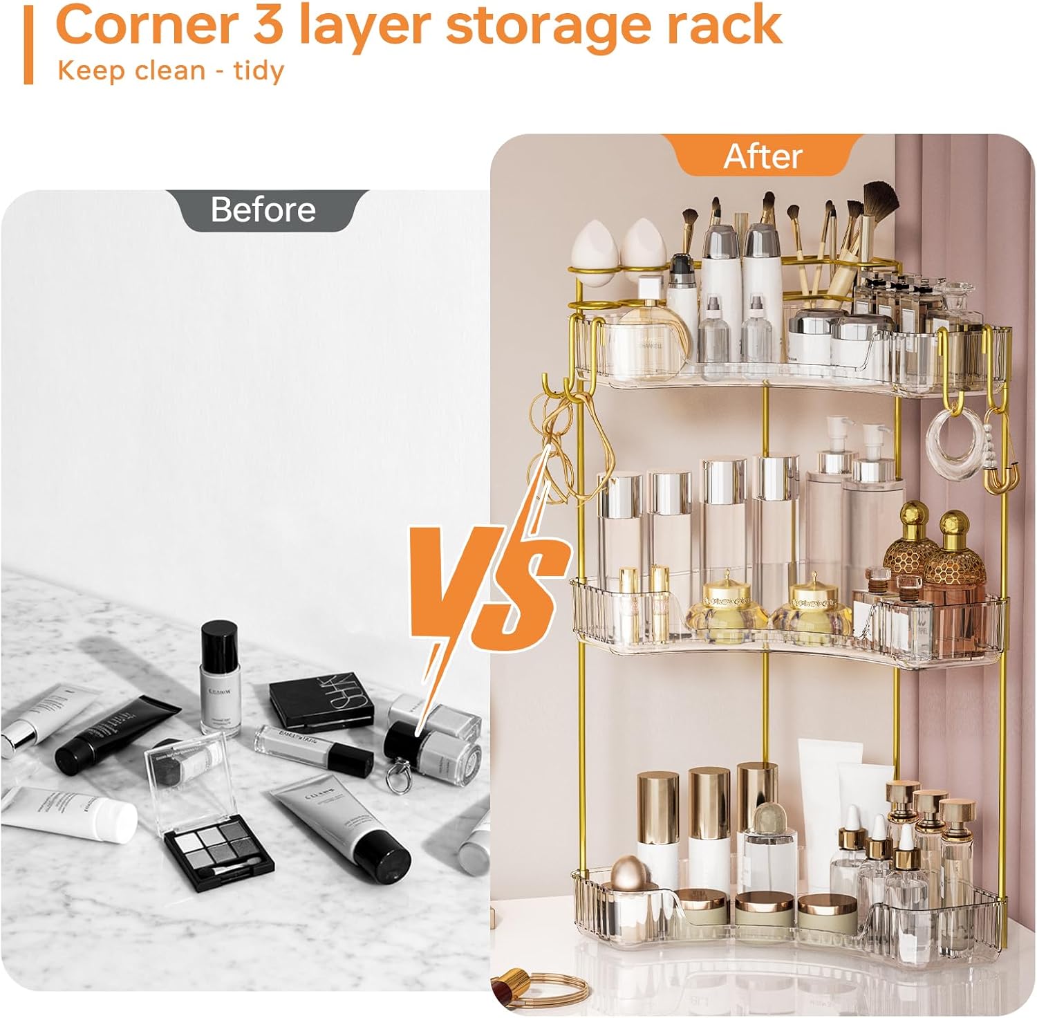 3-Tier Corner Bathroom Counter Organizer，Makeup & Skincare Shelf with Built-in Brush Holder，Space-Saving Bathroom Countertop Organizer for Skincare, Perfume, Cosmetics(Clear)