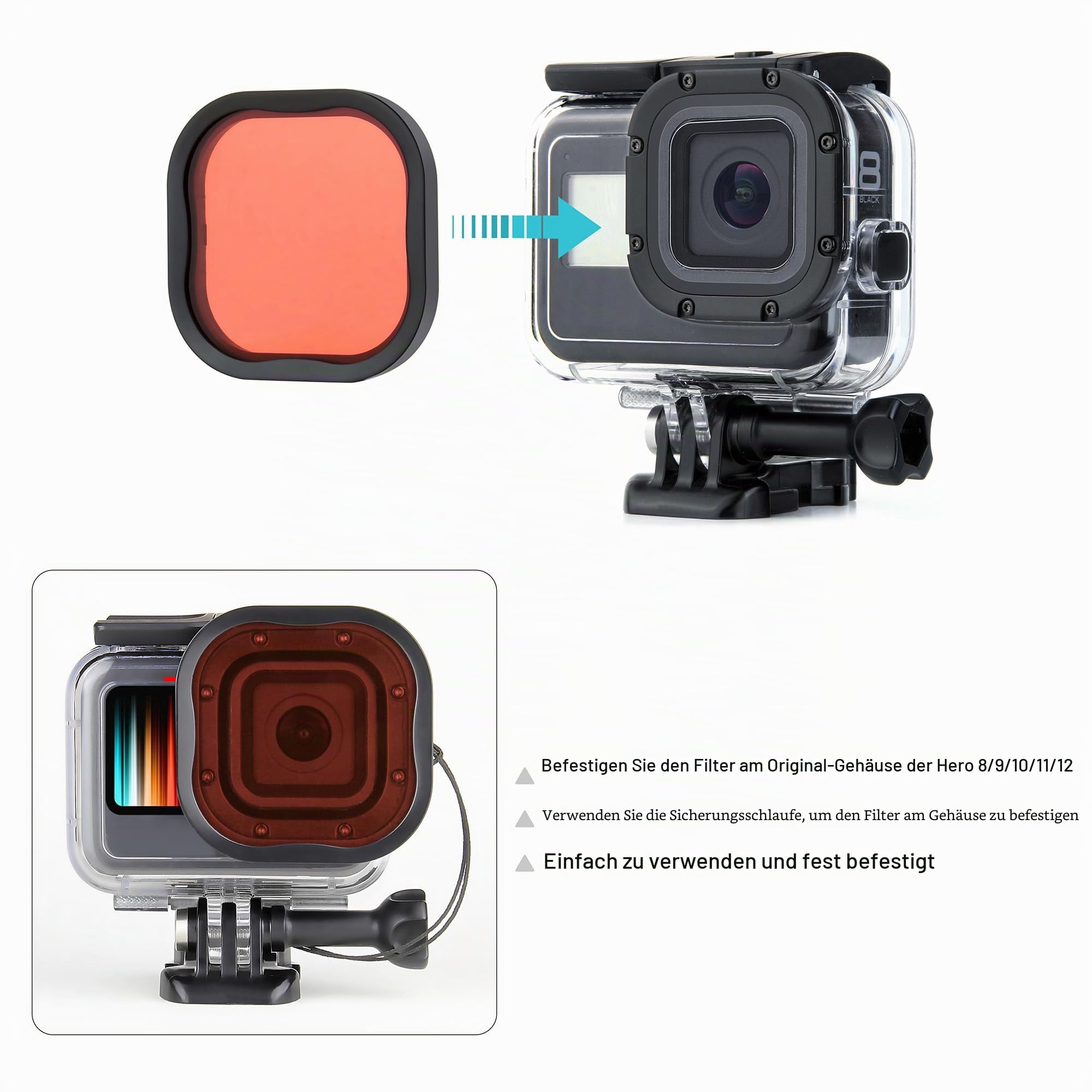 SOONSUN Tauchfilter für GoPro Hero 8, 9, 10, 11, 12, 13, schwarz, offizielles wasserdichtes Gehäuse, Rot, Hellrot, Magenta, Farbkorrektur für Unterwasser-Videos und Fotografie, 3er-Pack