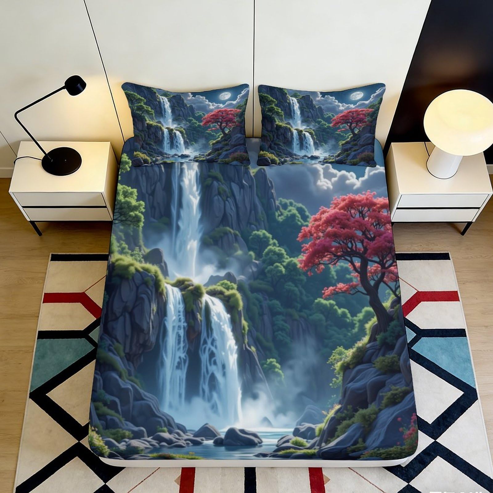 3D Printed Waterfall Landscape Fitted Sheet Microfiber Anti-Slip Bed Cover for Bedroom Dorm Easy Care Decor 90x200x25cm
