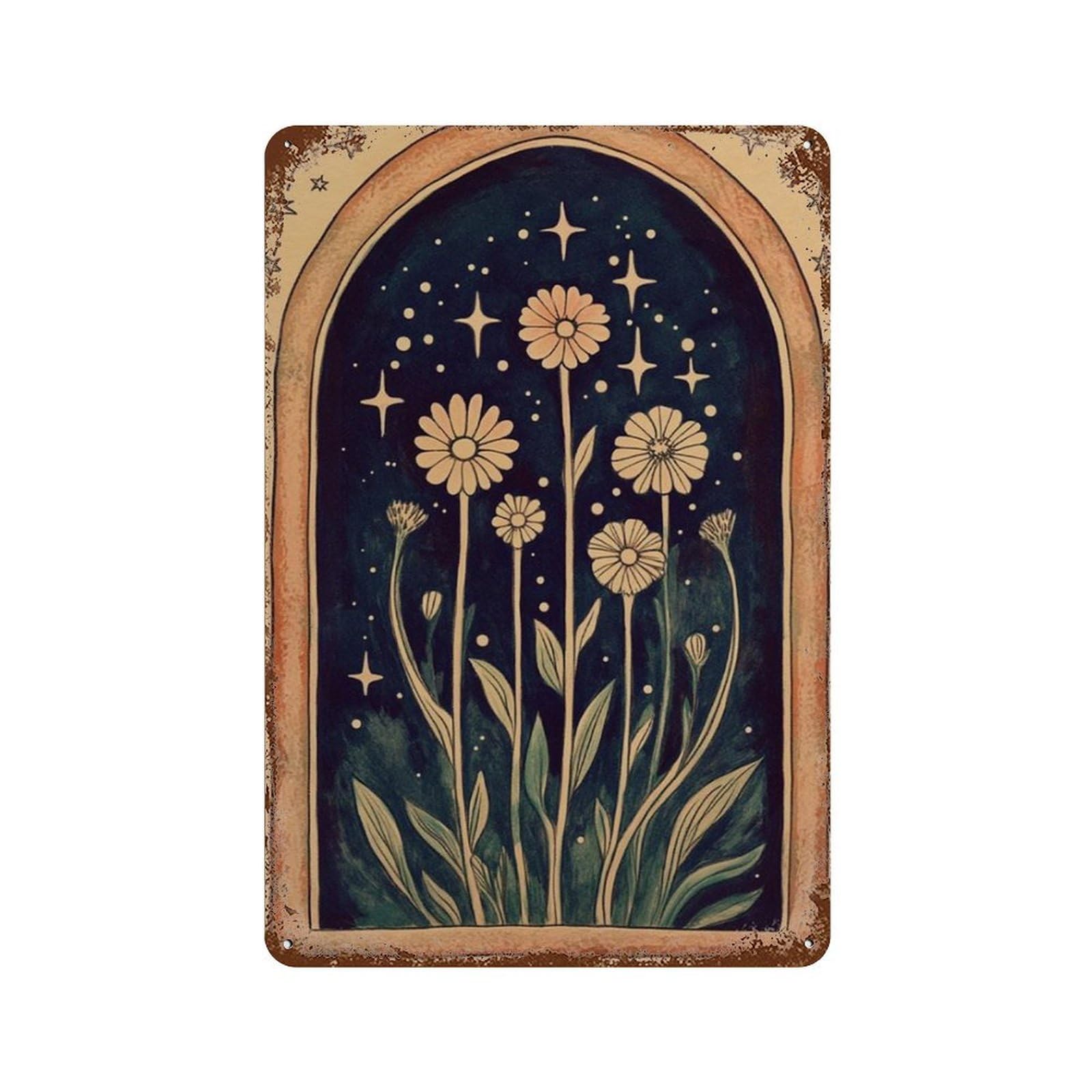 xiaoxiaoshen Celestial Floral Boho Night Sky Botanical Sun Moon Stars Mystic Nature Work Wall Decor Art Metal Tin Poster Modern Home Decor Art Home Bar Shop Decorations Vintage Sign 30x20cm