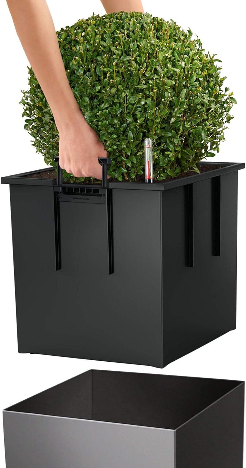 Lechuza Cube 40 Premium Shiny Taupe High Gloss, Self-Watering Square Planter, H15.7 L15.7 W15.7 in