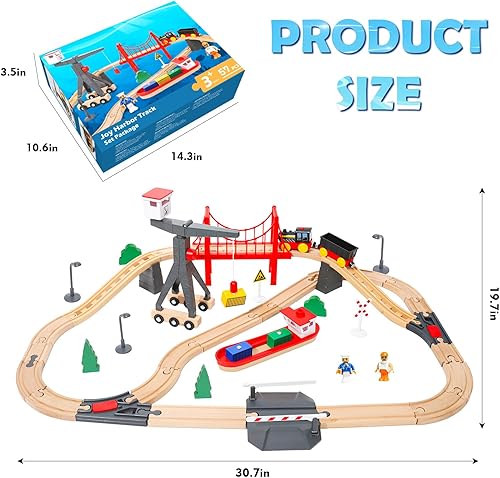 Vista 7 de Wdmiya Juego de tren de madera para niños pequeños, 57 piezas de pista de tren de madera para niños, juguete de tren con puente y pistas