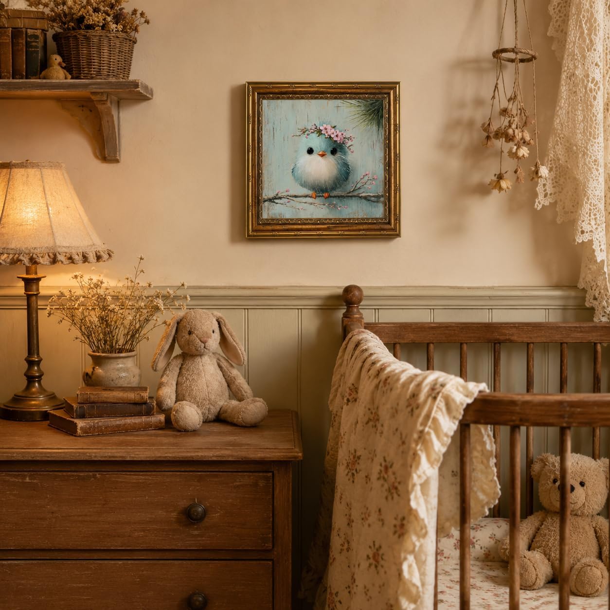 Blue Bird Wall Art, Gold Framed Vintage Floral Canvas, 12x12 in image 2