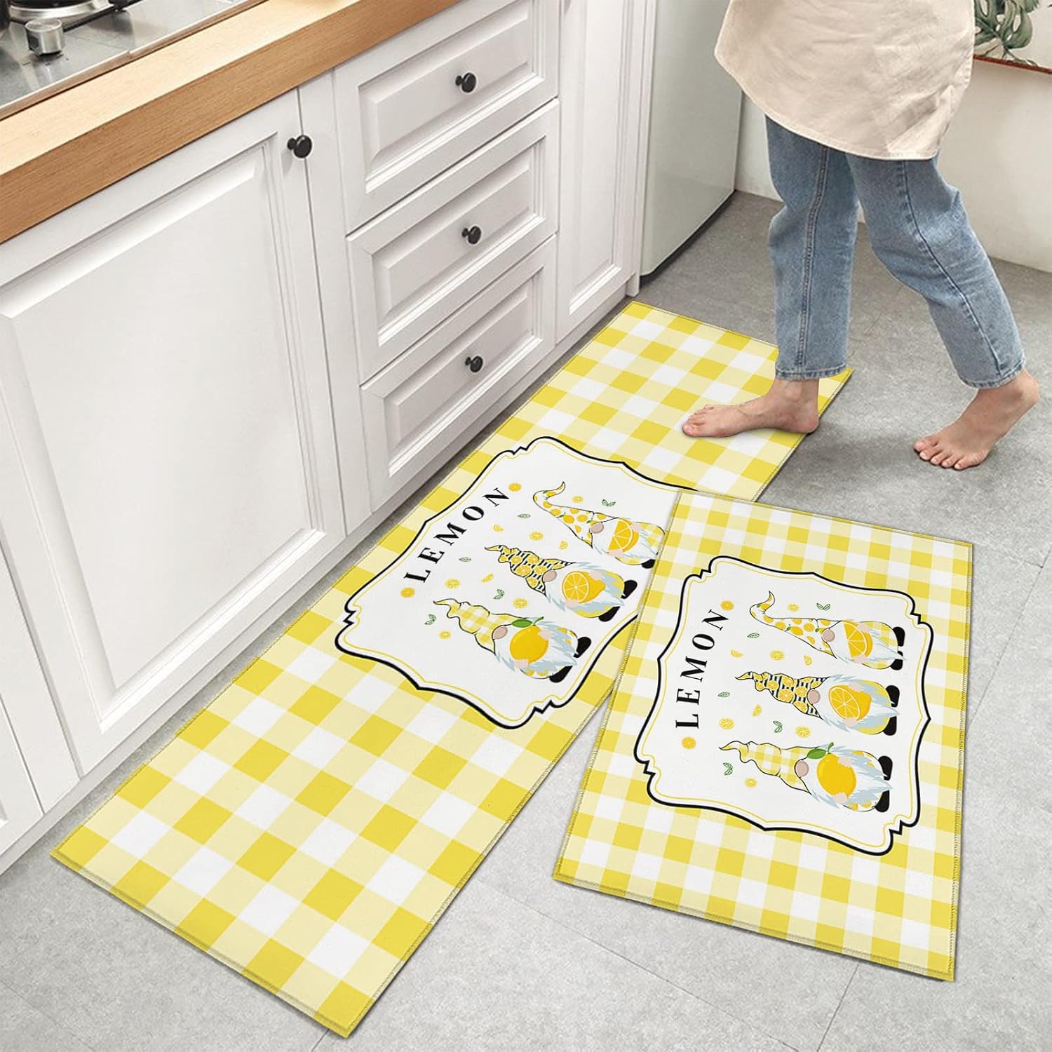 Teamery Kitchen Mats for Floor, Summer Cute Gnome with Lemon Kitchen Rugs, Kitchen Organization Anti-Fatigue Kitchen Mat, Kitchen Decor Runner Rug Room Decor Standing Desk Mats