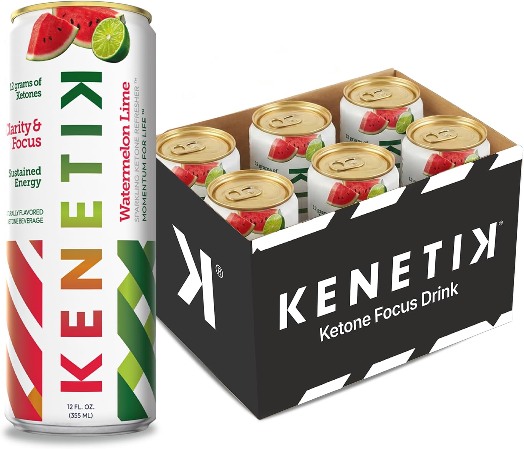 Kenetik Ketone Focus Drink - Plant-Based D-BHB Bioidentical Ketones for Caffeine-Free Focus & Steady Mental Clarity - Zero Sugar, Nootropic Brain Fuel - 12oz Cans (6-Pack), Watermelon Lime