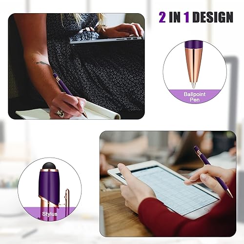 Miniatura 3 de Tenare Bolígrafo de metal 2 en 1 con punta de lápiz capacitivo, 0.039 in, tinta negra, para pantallas táctiles (morado y oro rosa)