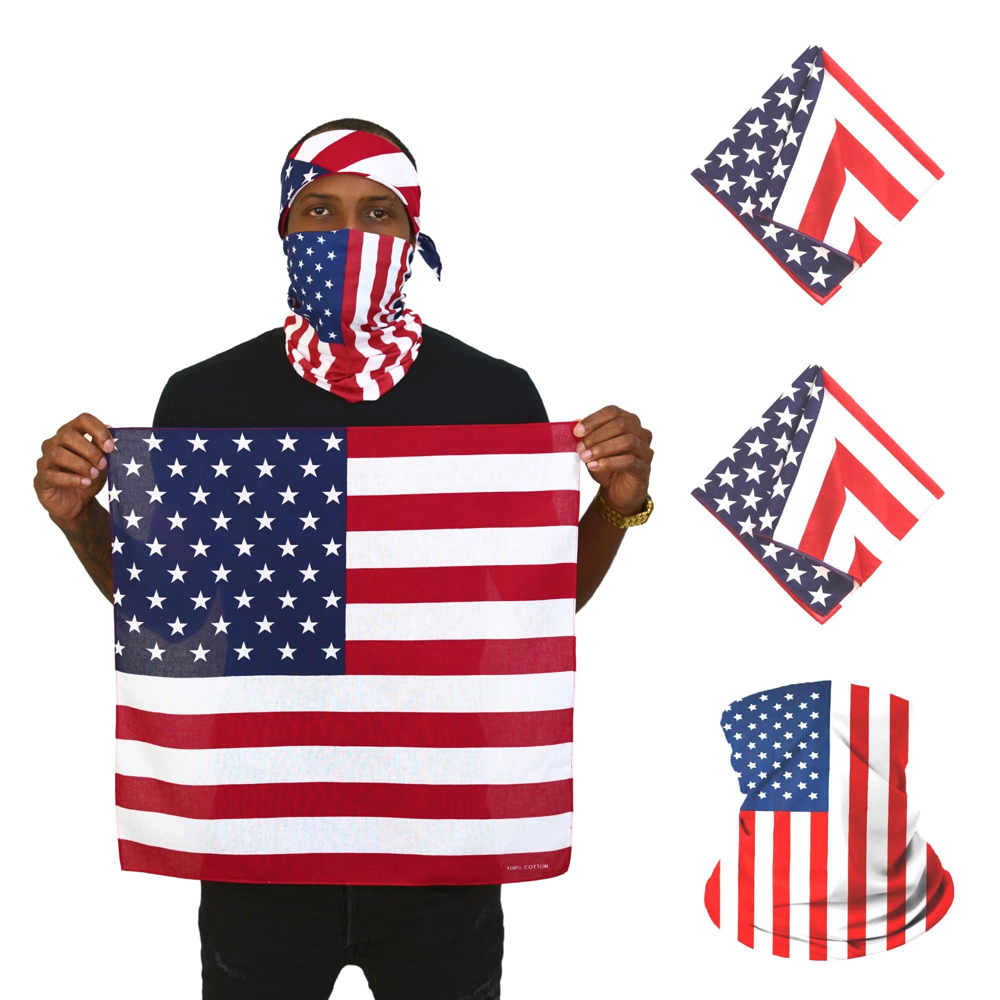 Simple Express Bandana Bundle - 3-Piece American Flag Set, Including 2 Square Bandanas & 1 Tube Bandana - Patriotic Accessories for Adults & Kids