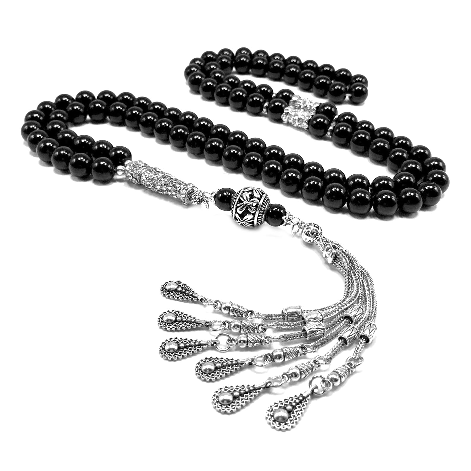 ALBATROSART Special Prayer Beads Series -99 beads- Tesbih Tasbih Tasbeeh Misbaha Masbaha Subha Sebha Sibha (Black Glass -10 mm 99 Big Beads- & Zircon