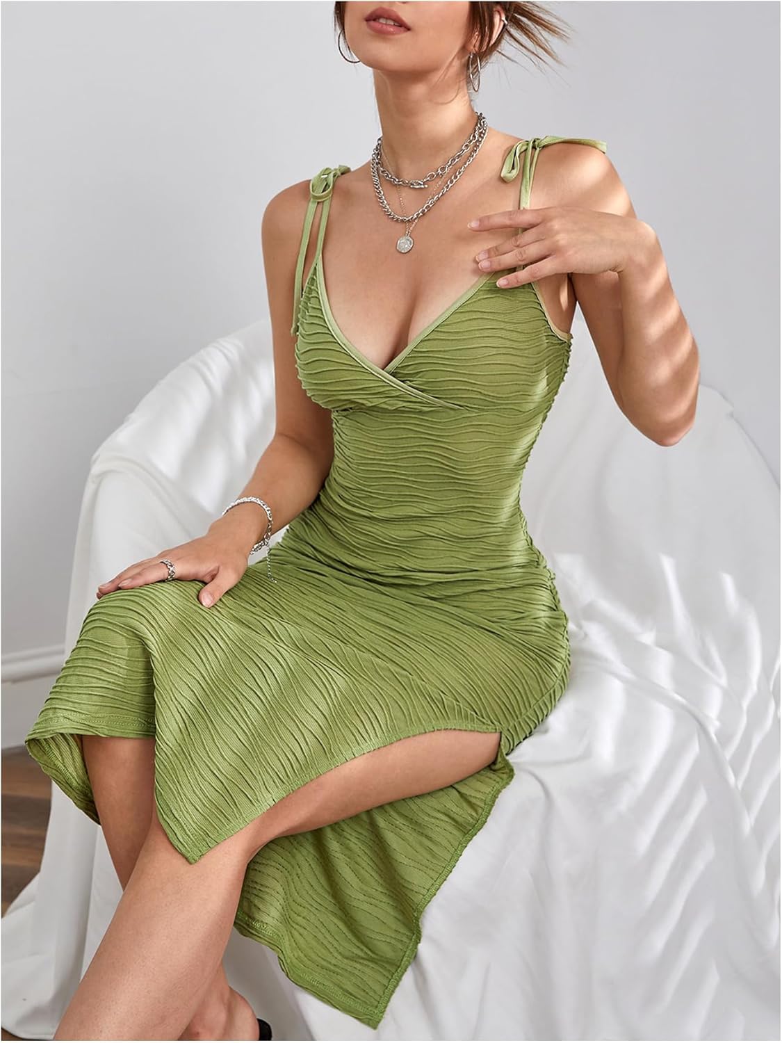 Floerns Women's Wrap V Neck Cami Dress Sleeveless Tie Shoulder Split Bodycon Midi Dresses - Image 4