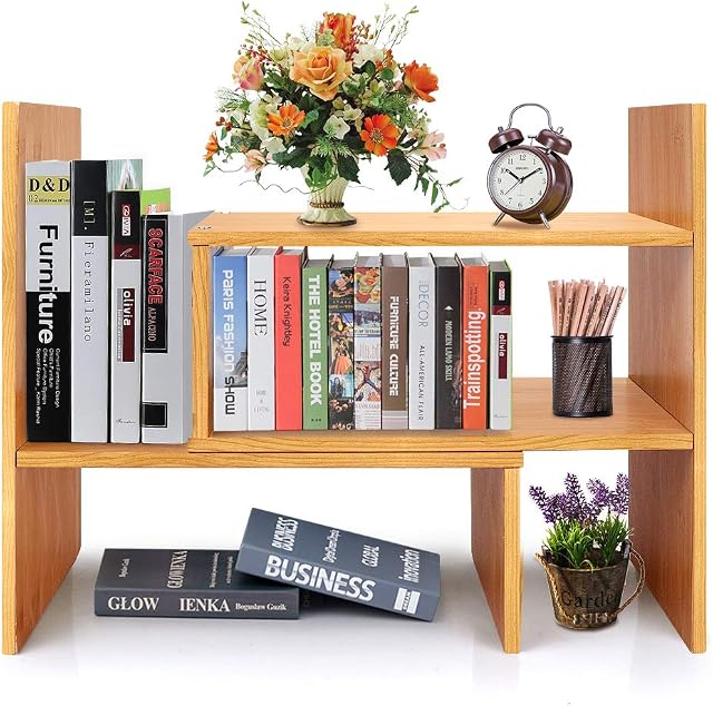 Bamboo Desk Storage Organizer, Desktop Display Shelf Rack, Multipurpose Bookshelf for Office & Home, Expandable Desktop Stand Bookshelf, Office Storage Rack - Free Style Displa Natural Stand Shelf.