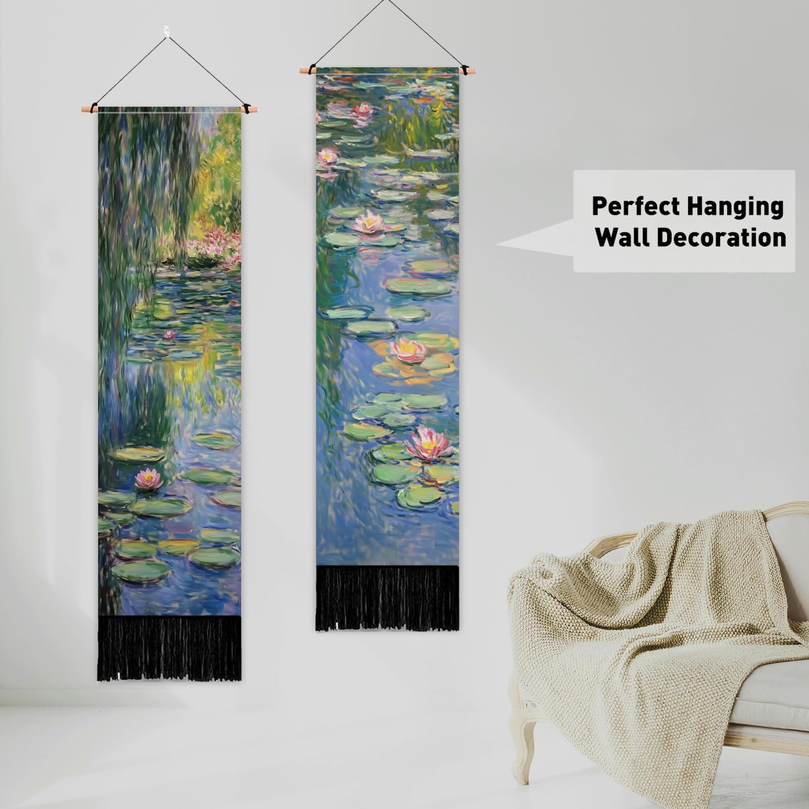 PLIGREAT Confezione da 2 arazzi da parete con nappe in legno di loto, per camera da letto, soggiorno, decorazione lunga, stretta, 130 x 33 cm