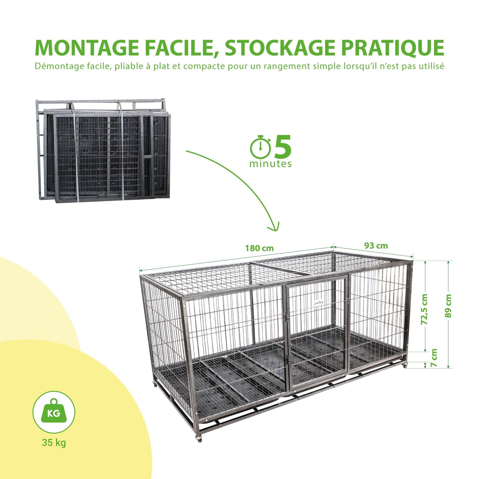 Cage pour Chien intérieur et extérieur Mouvedy2XL, 180x93x89cm, Caisse de Transport, Roues verrouillables, Pliable, 2 Portes, Plateau Amovible Paitsy