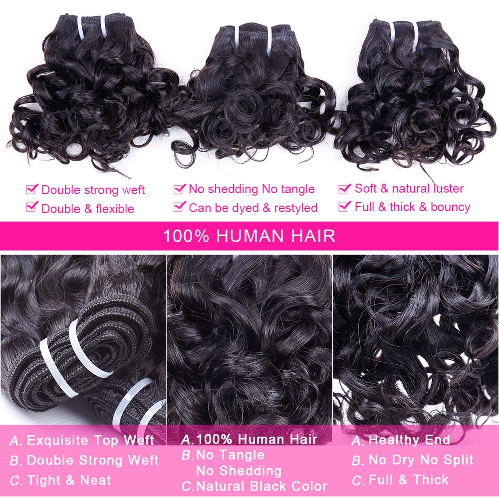 Peruvian Curly Hair Bundles Short Bob Curly Human Hair Bundles with Closure 10A Ocean Weave 8 Bundles with 4x4 Closure(8"*8+8") 25g/bundle