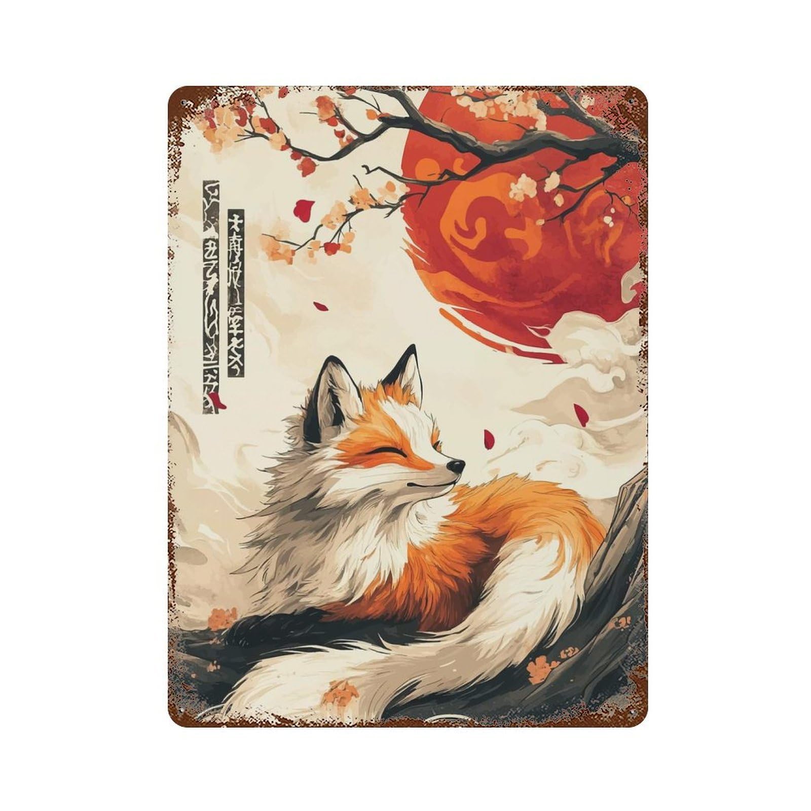 Fox in Cherry Blossom Distressed Metal Wall Sign 15.7"x11.8", Ideal for Patio, Garden Room And Bar Decor