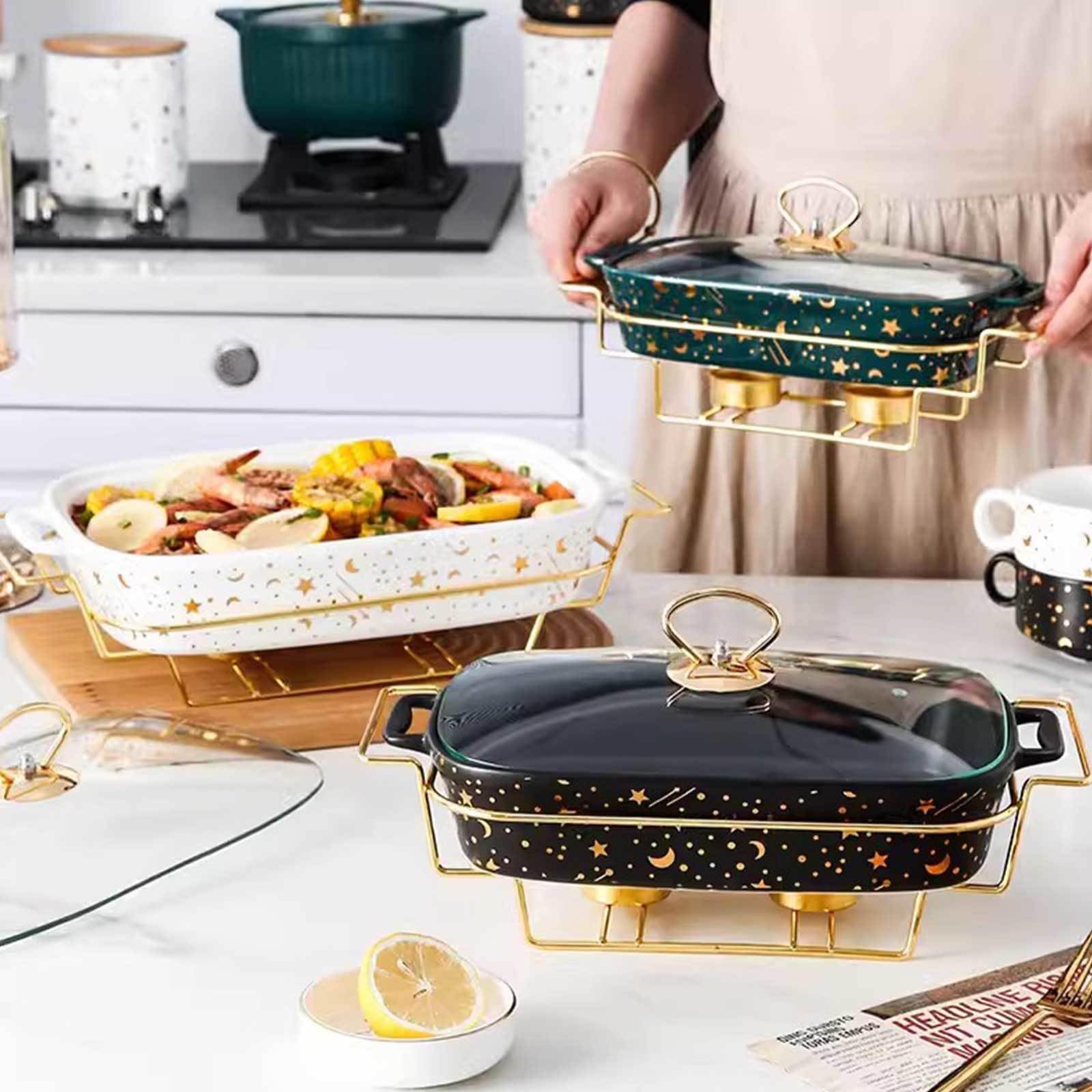 Ceramiczne Naczynie Do Zapiekania Ze Szklaną Pokrywą, Forma Do Pieczenia Z Uchwytami, Naczynia Do Pieczenia Dla Home Decor Ze Złotym Stojakiem, Tace Do Podgrzewania Na Bufet,White-Medium