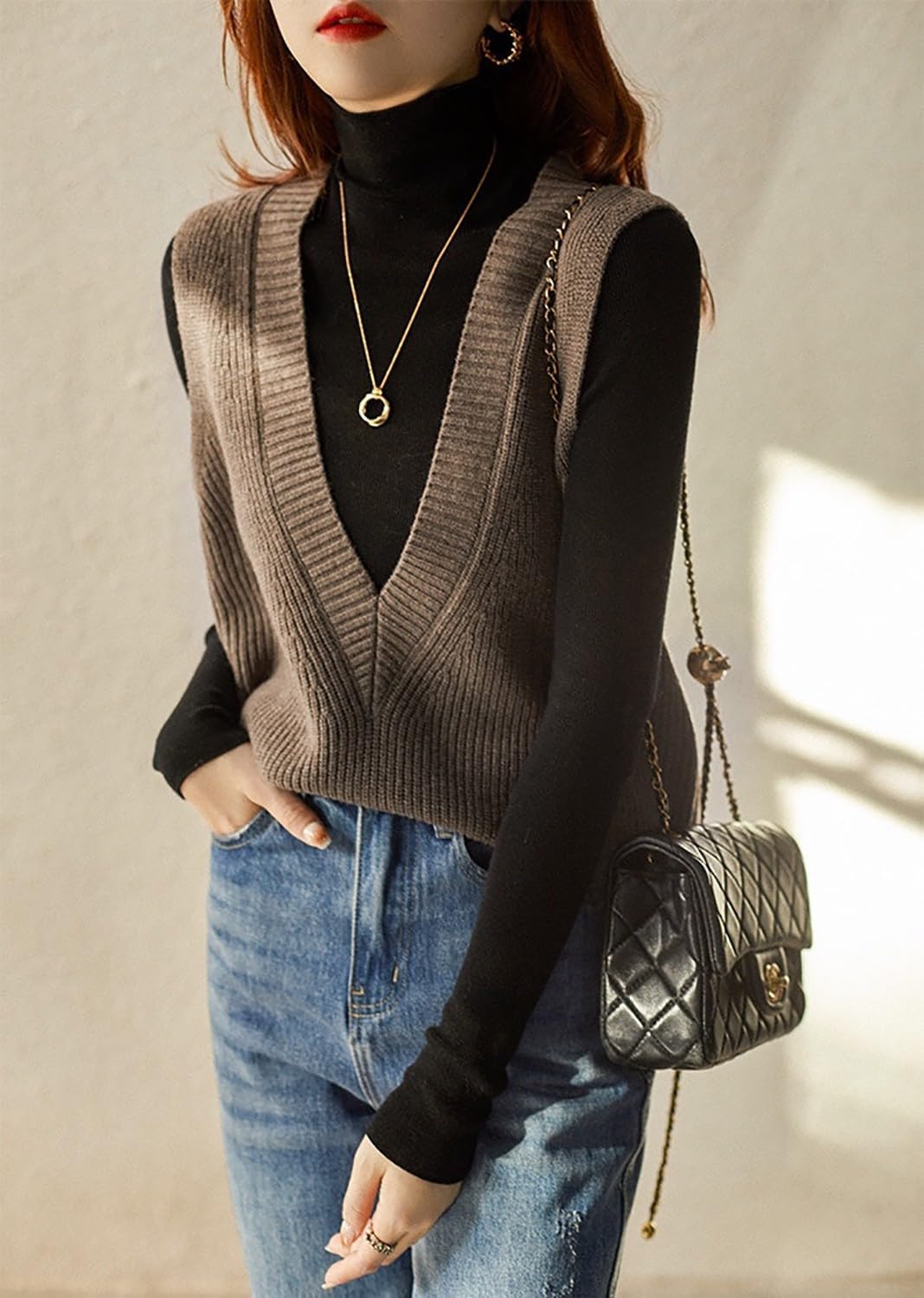 Womens Deep V Neck Sweater Vest Casual Knitted Tank Tops Sleeveless Sweater Ribbed Pullover Knitwear - Image 3