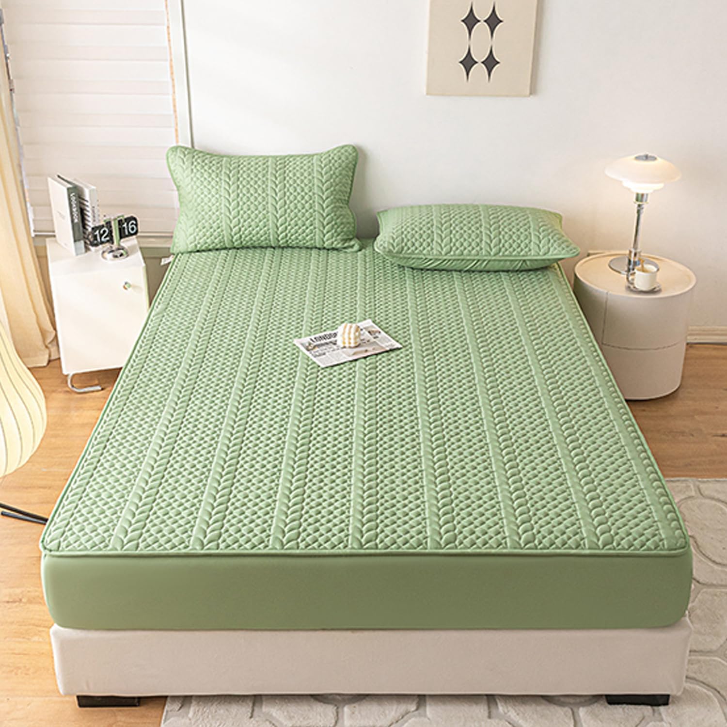 Queen Size of Waterproof Mattress Protector Washed Cotton Fitted Sheet Skin Friendly Breathable Mattress Cover Machine Washable Deep Pockets for 12 in,Green,150 * 200cm