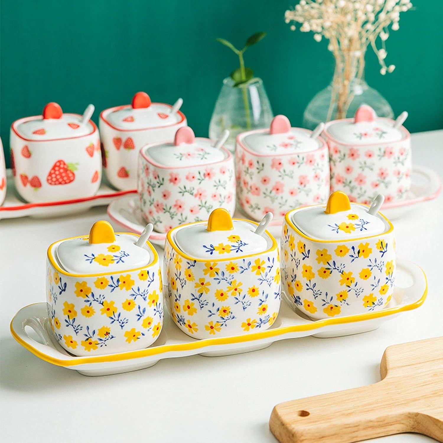 European style Hand Drawn Pattern Sugar Bowl with Lid Ceramic Teacup Shape Sugar Pot Coffee Accessories Sugar Pourer Kitchen Storage-Red-one Milk Pot (Pink 3 Set)